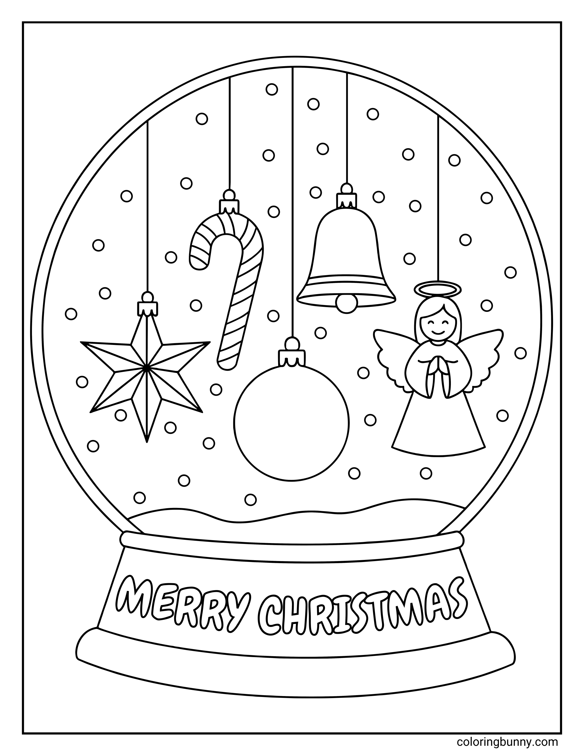 Snow globe coloring page featuring five hanging ornaments including a star, candy cane, bauble, bell, and an angel, with "MERRY CHRISTMAS" on the base.
