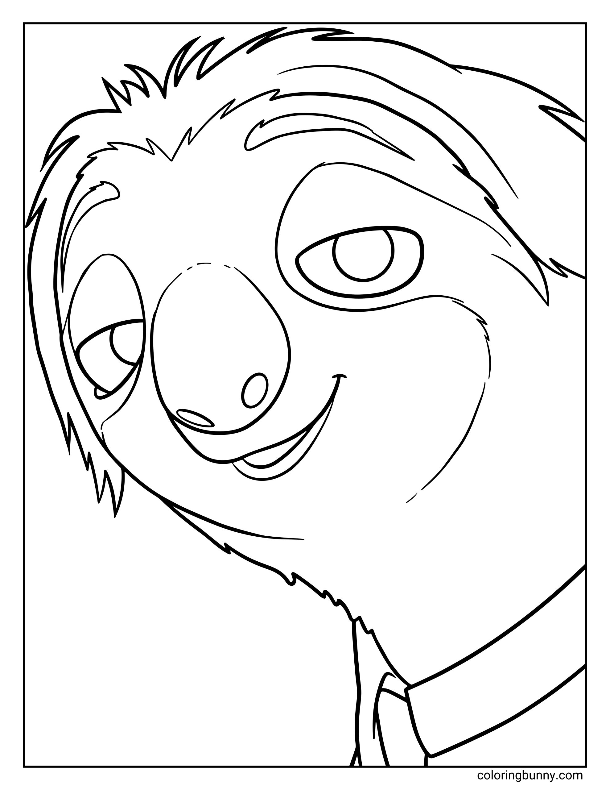 A Zootopia 2 coloring page featuring a close-up of Flash the sloth’s face. He has a relaxed, half-lidded smile, with soft fur framing his rounded features. His eyes are slightly droopy in a friendly, slow-blinking expression. Part of his collared shirt and tie is visible at the bottom of the image. Flash is angled slightly to the side, as if leaning into frame for a very slow selfie or greeting.