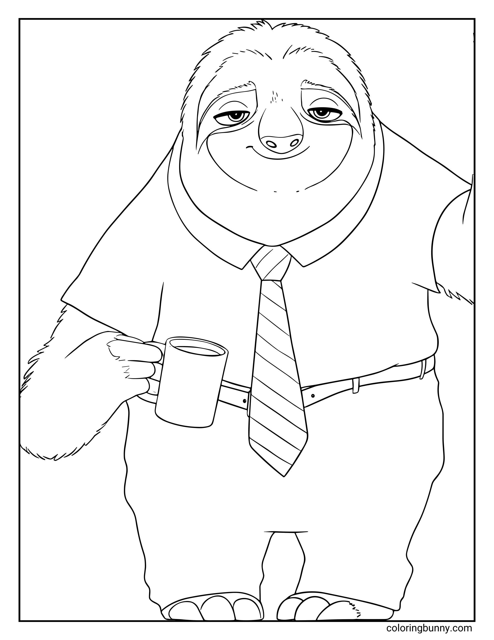 A Zootopia 2 coloring page of Flash the sloth standing upright and holding a coffee mug in one hand. He has a slow, content smile with gently drooping eyelids. Flash is dressed in a collared short-sleeve shirt tucked into belted trousers, along with his striped tie hanging neatly down the front. His posture is relaxed and unhurried, as if he’s starting another very slow morning in Zootopia 2.