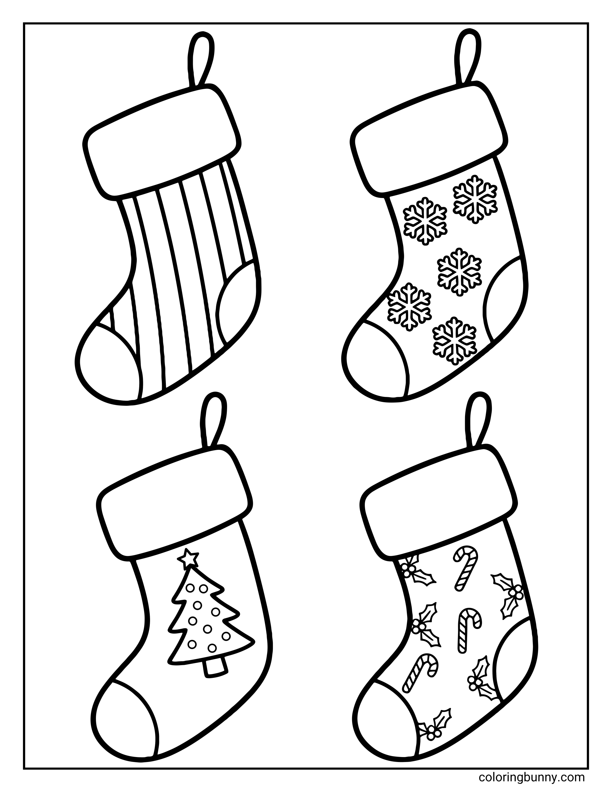A Christmas stocking coloring page featuring four small stockings with different patterns: stripes, snowflakes, a tree, and candy canes.