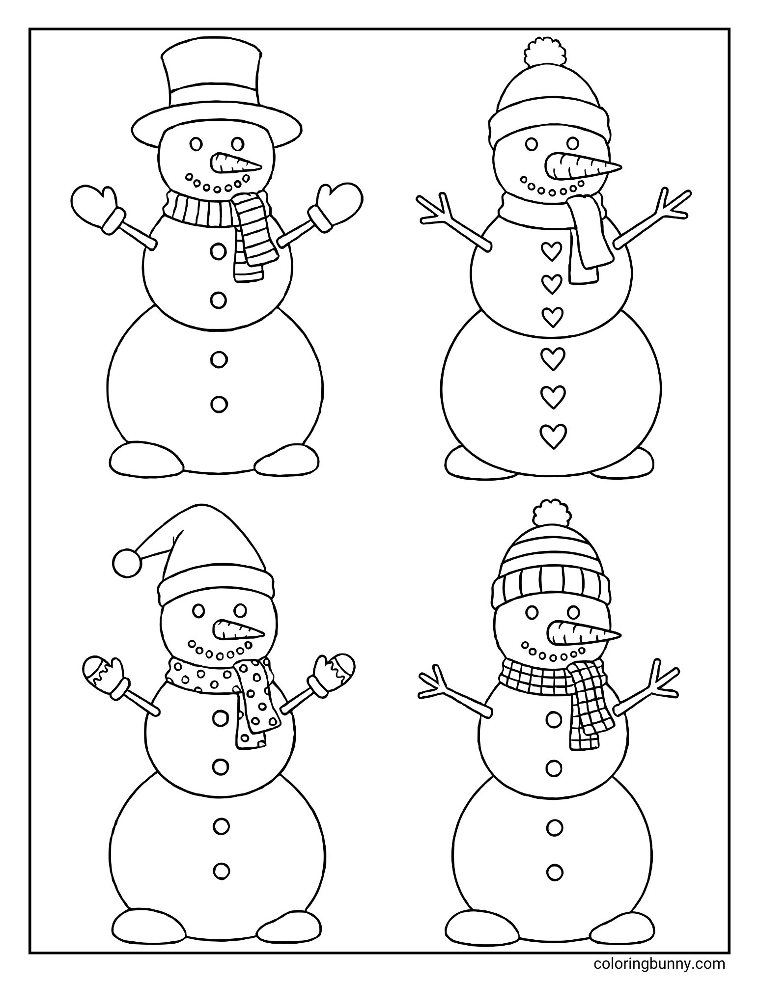 A snowman coloring page showing four different characters wearing cozy scarves, funny hats, and heart buttons.