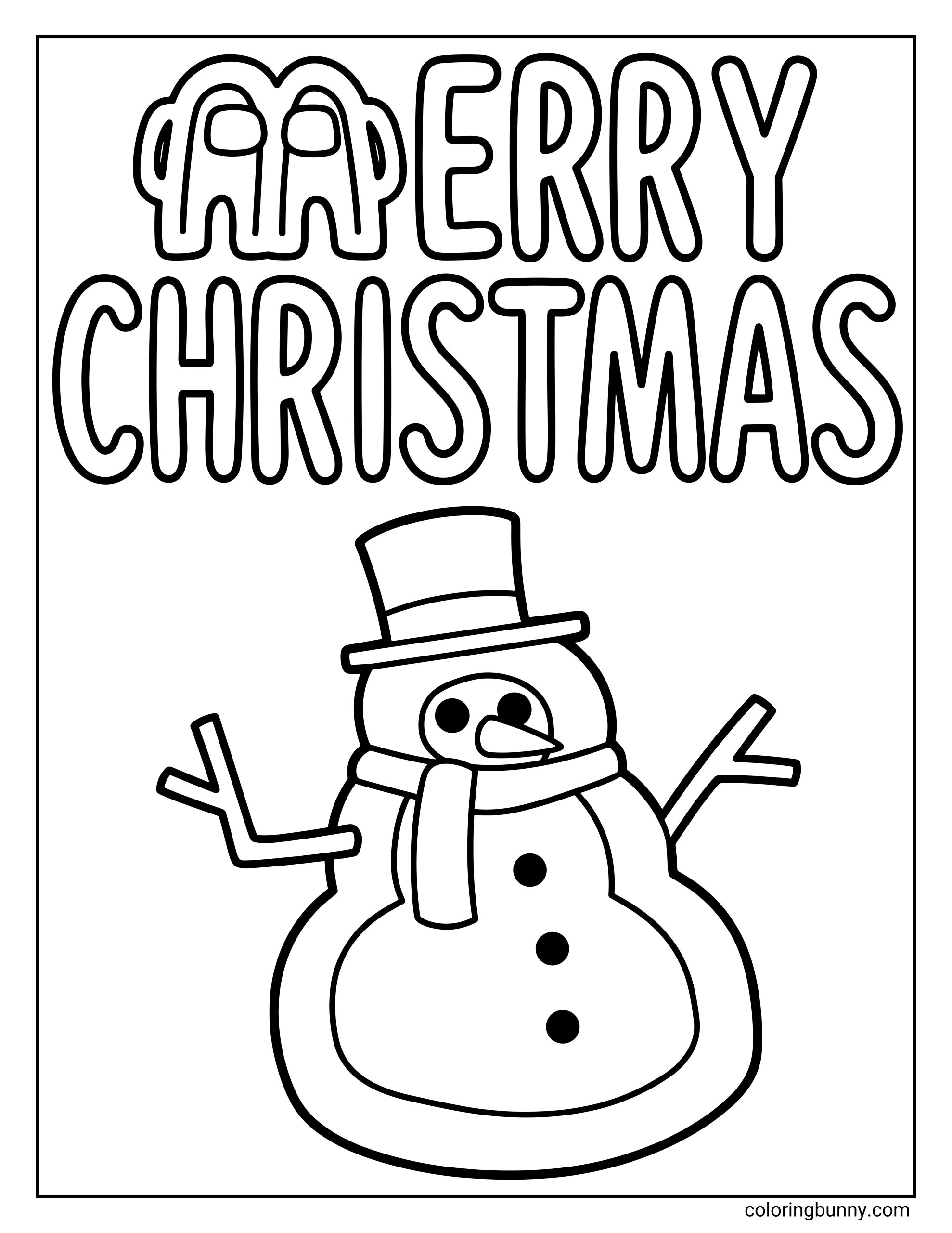 An Among Us–style Christmas coloring page featuring the cheerful frosty hat snowman wearing a tall top hat and a long scarf, with stick arms outstretched, coal buttons, and a carrot nose. Above frosty, large rounded text reads “MERRY CHRISTMAS,” with the letter M stylized as two Among Us crewmates standing side by side.