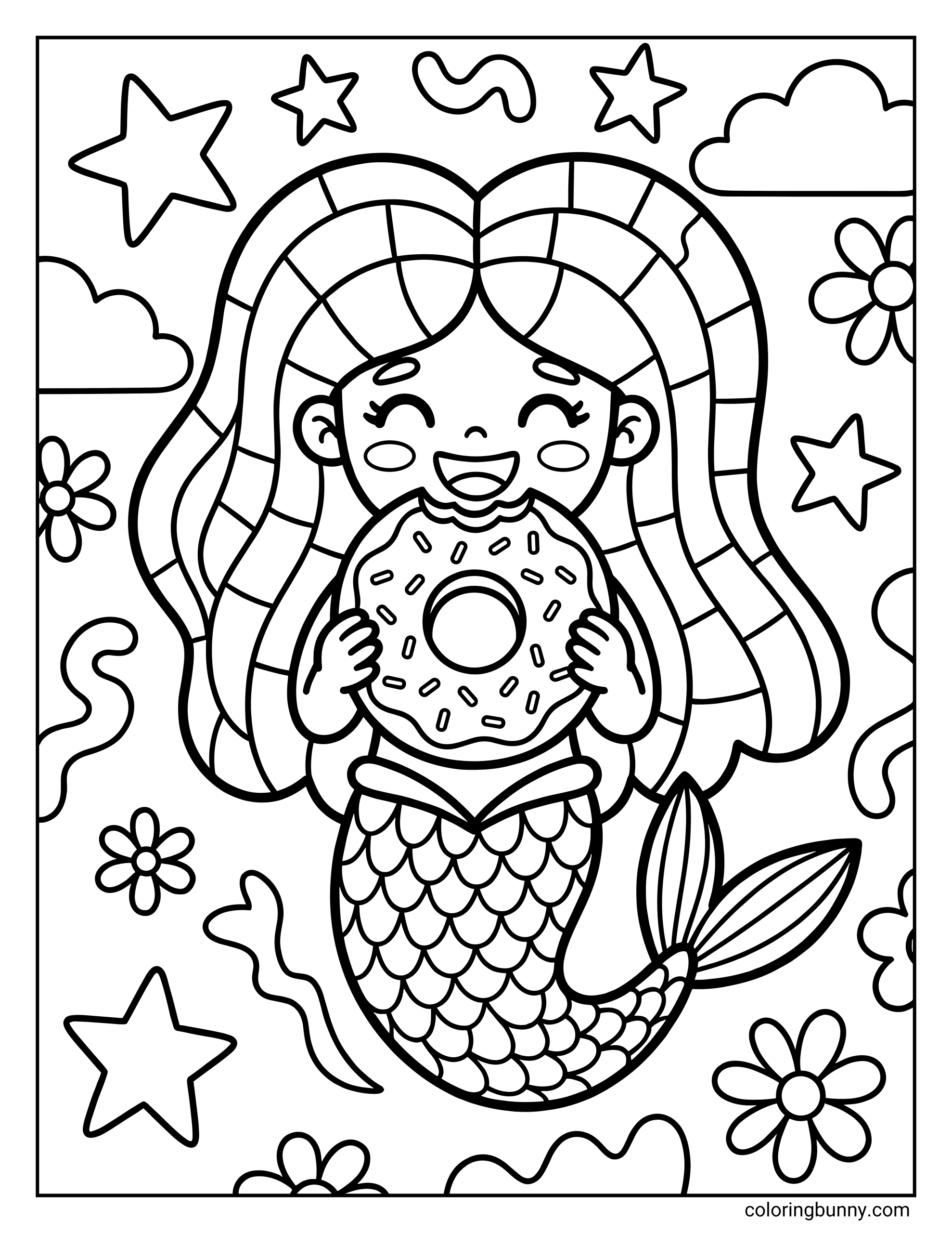 A coloring page of a smiling mermaid holding a large donut, featuring hair with a geometric stained-glass pattern, surrounded by stars and flowers.