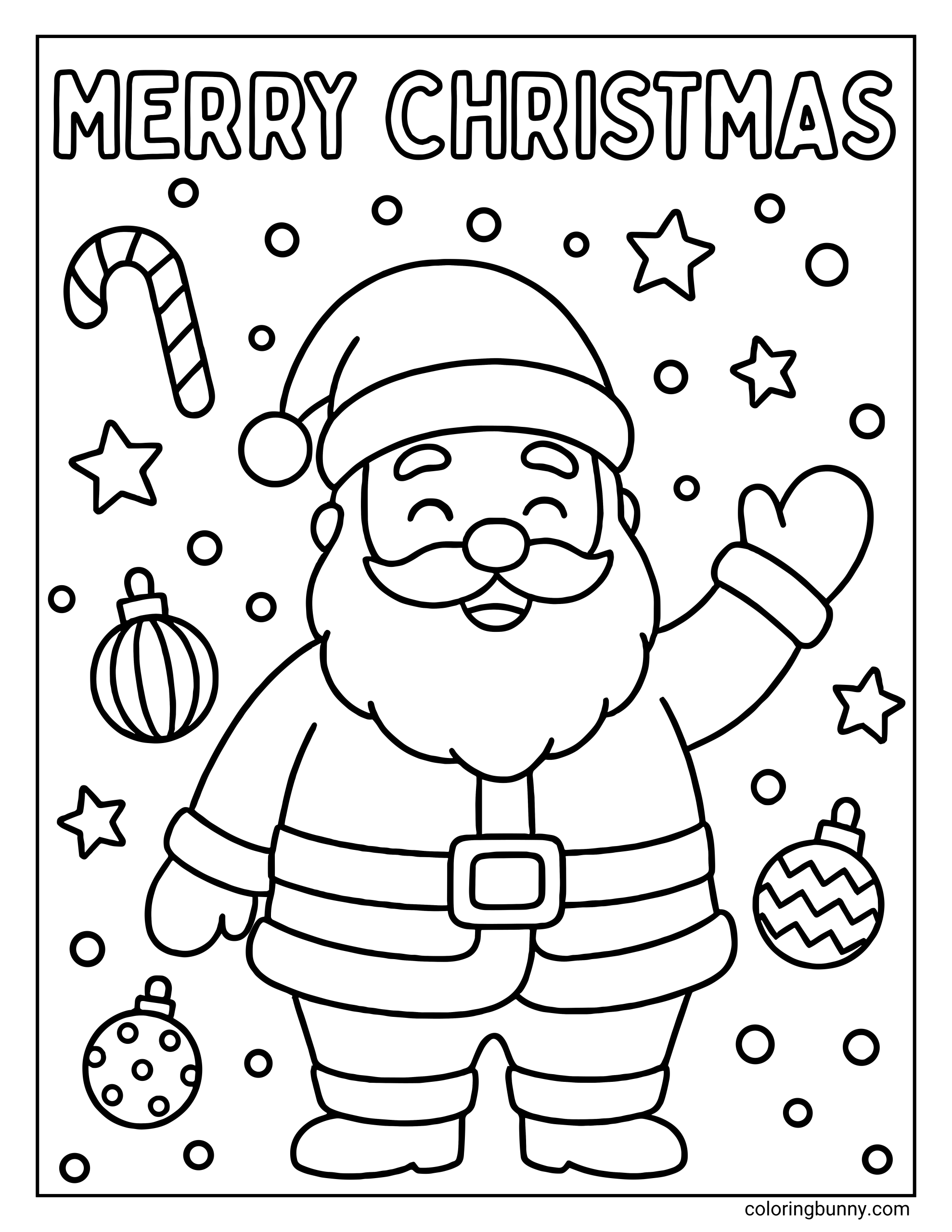 Santa coloring page featuring the text "MERRY CHRISTMAS" above a smiling Santa Claus waving his hand, surrounded by falling snow, ornaments, and a candy cane.