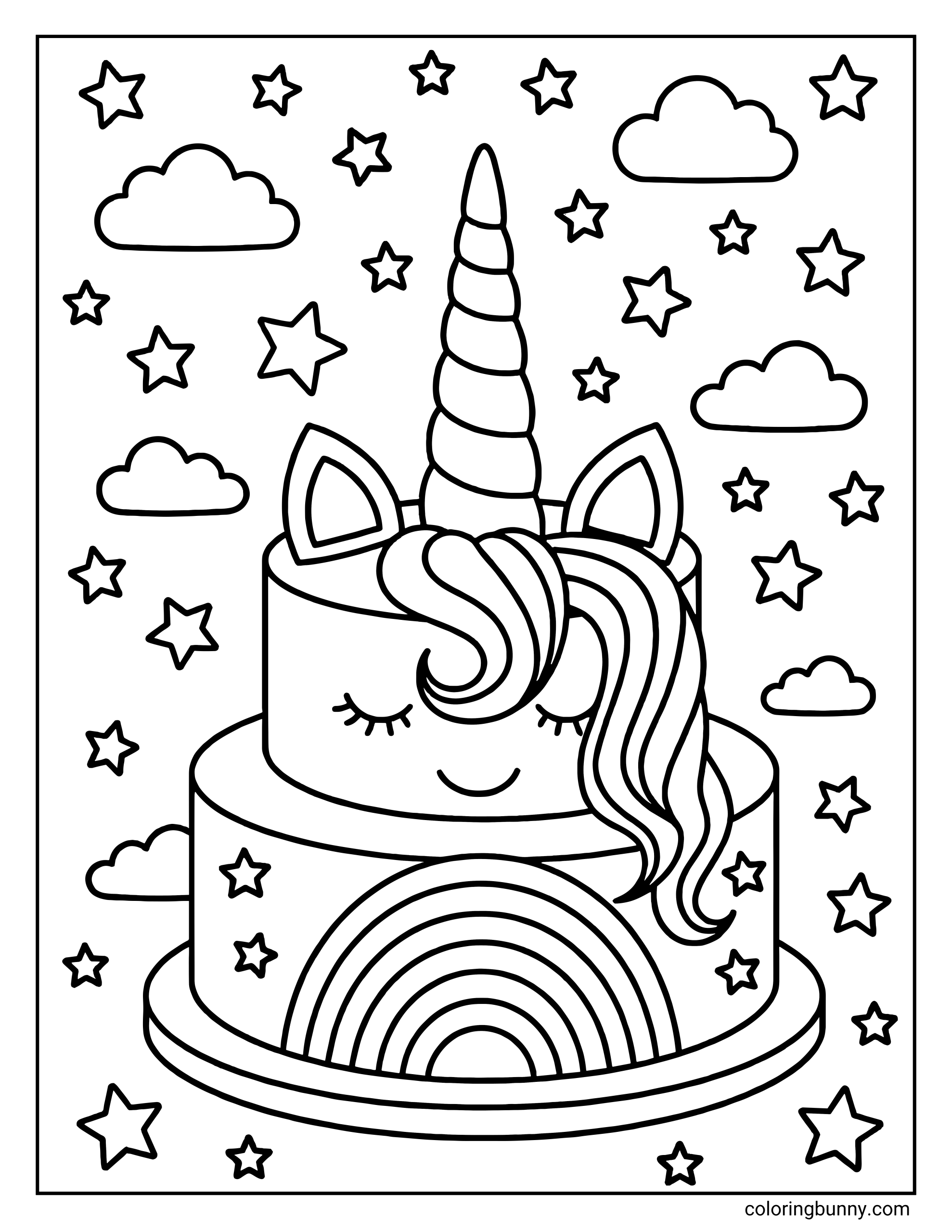 A coloring page of a two-tiered unicorn cake decorated as a sleeping unicorn with a horn and rainbow, surrounded by stars and clouds.