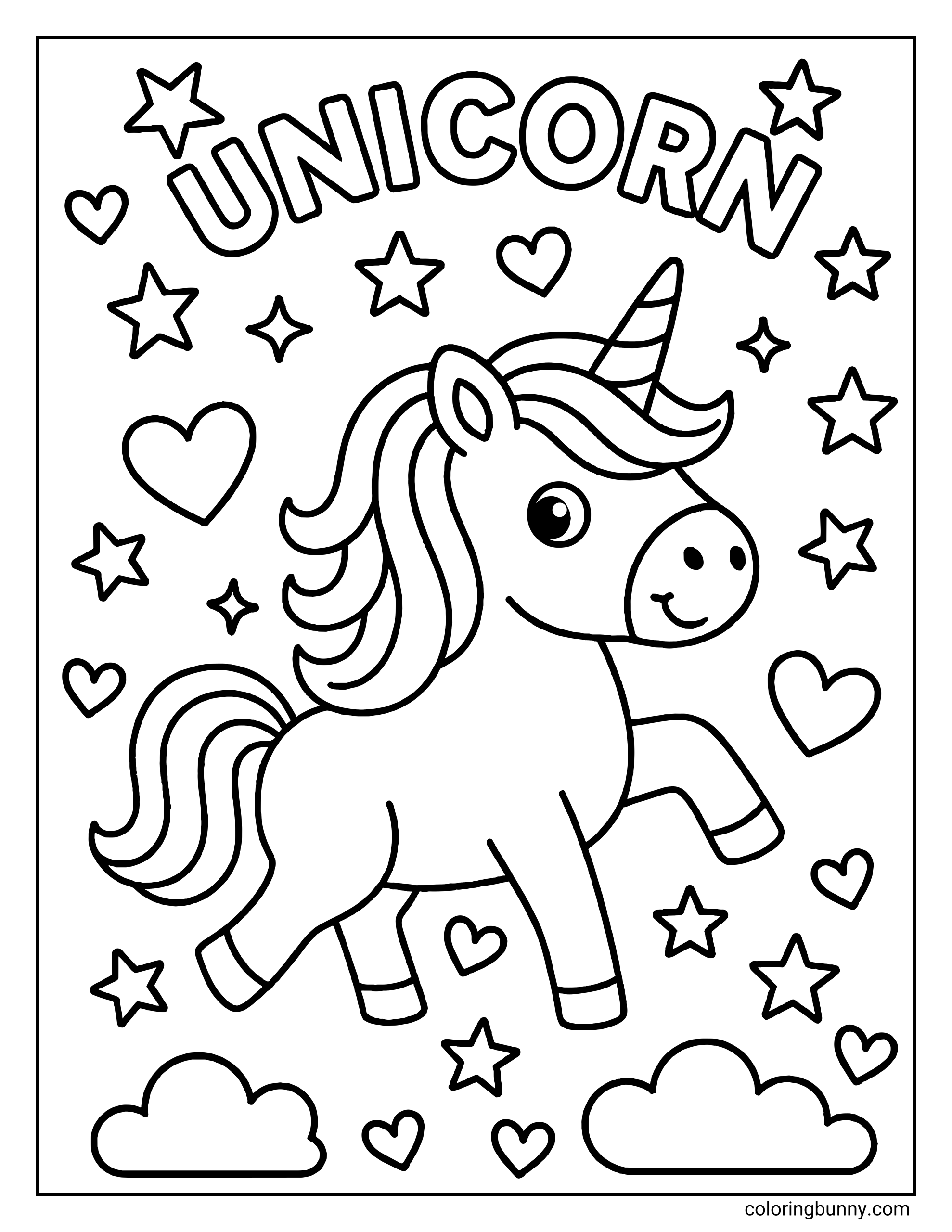 A coloring page of a unicorn prancing below the word "UNICORN" in bubble letters. The background is filled with many stars, hearts, and fluffy clouds at the bottom.