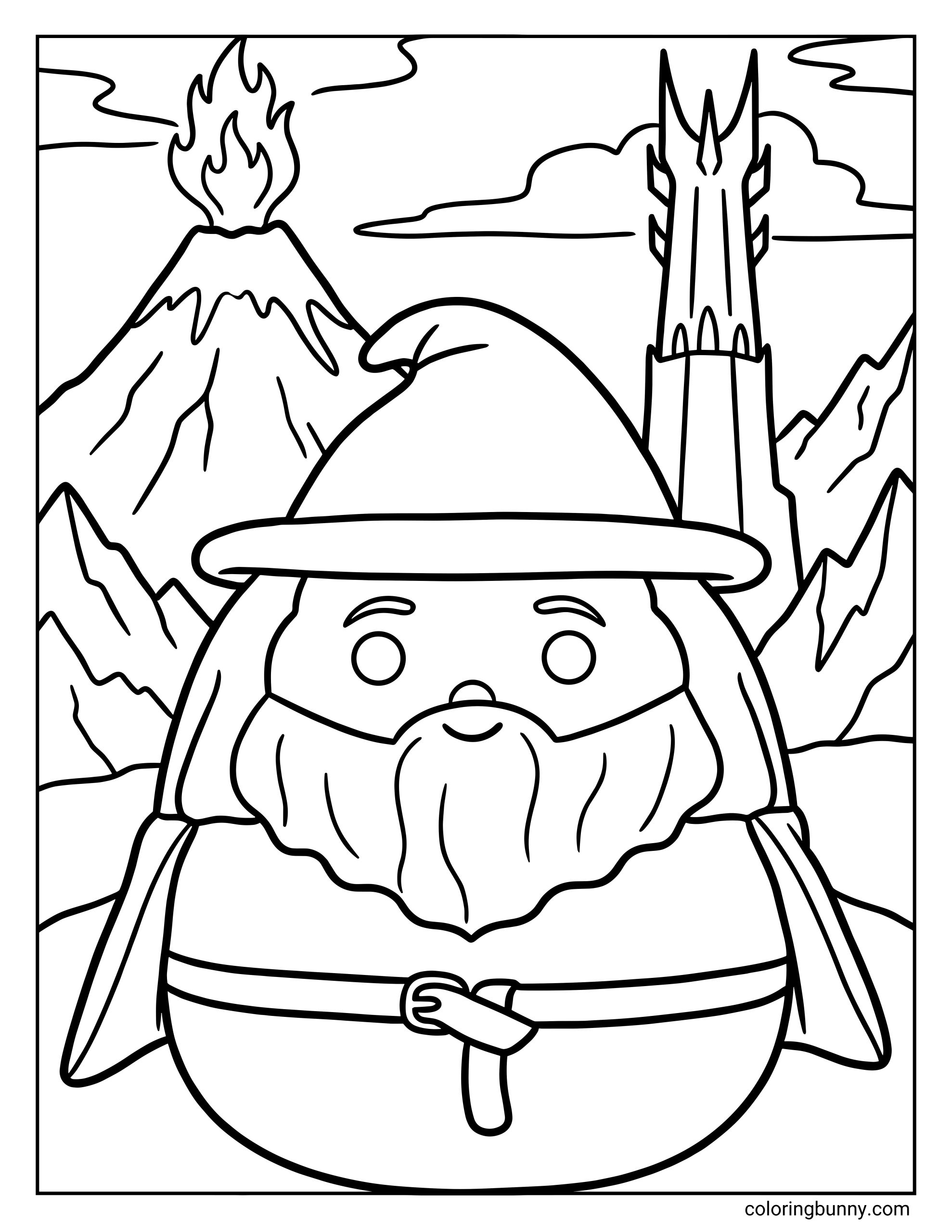 A Squishmallow coloring page of Gandalf the Grey, shown as a rounded, plush-style character with a long flowing beard, bushy eyebrows, and a wide-brimmed wizard hat. He stands in a dramatic mordor landscape with an erupting volcano on one side, and a tall dark tower rising in the distance, capturing the epic Middle-earth setting while keeping the soft, cute Squishmallow shape.