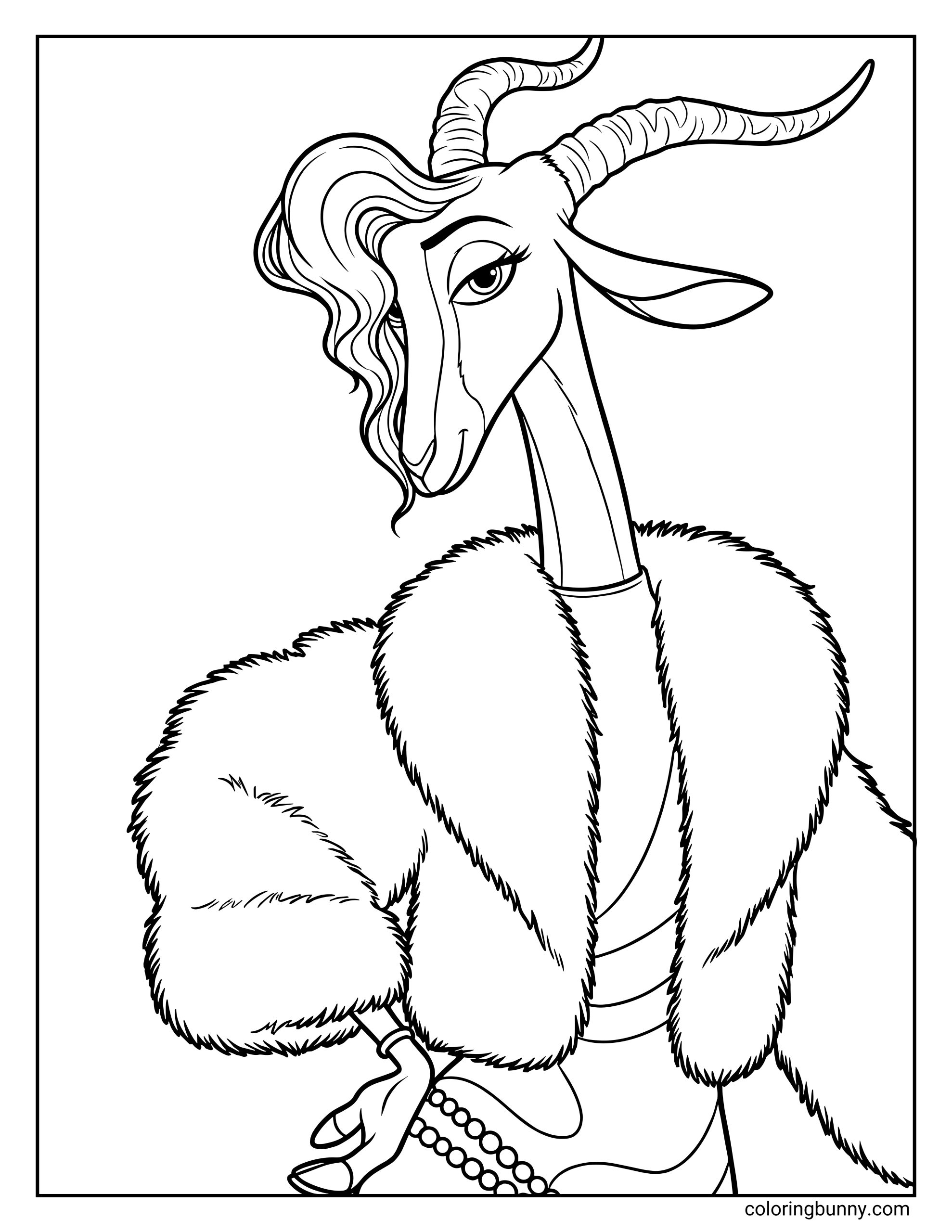 A Zootopia 2 coloring page of Gazelle posing confidently in a luxurious stage-ready outfit. She has long, curved horns and wavy hair swept stylishly over one side of her face. Gazelle wears a dramatic, oversized fur coat draped over her shoulders, paired with a fitted top and a beaded bracelet around her slender wrist. Her expression is poised and elegant, with a slight smile and half-lidded eyes, as if she’s striking a red-carpet pose or preparing for a major performance in Zootopia 2.