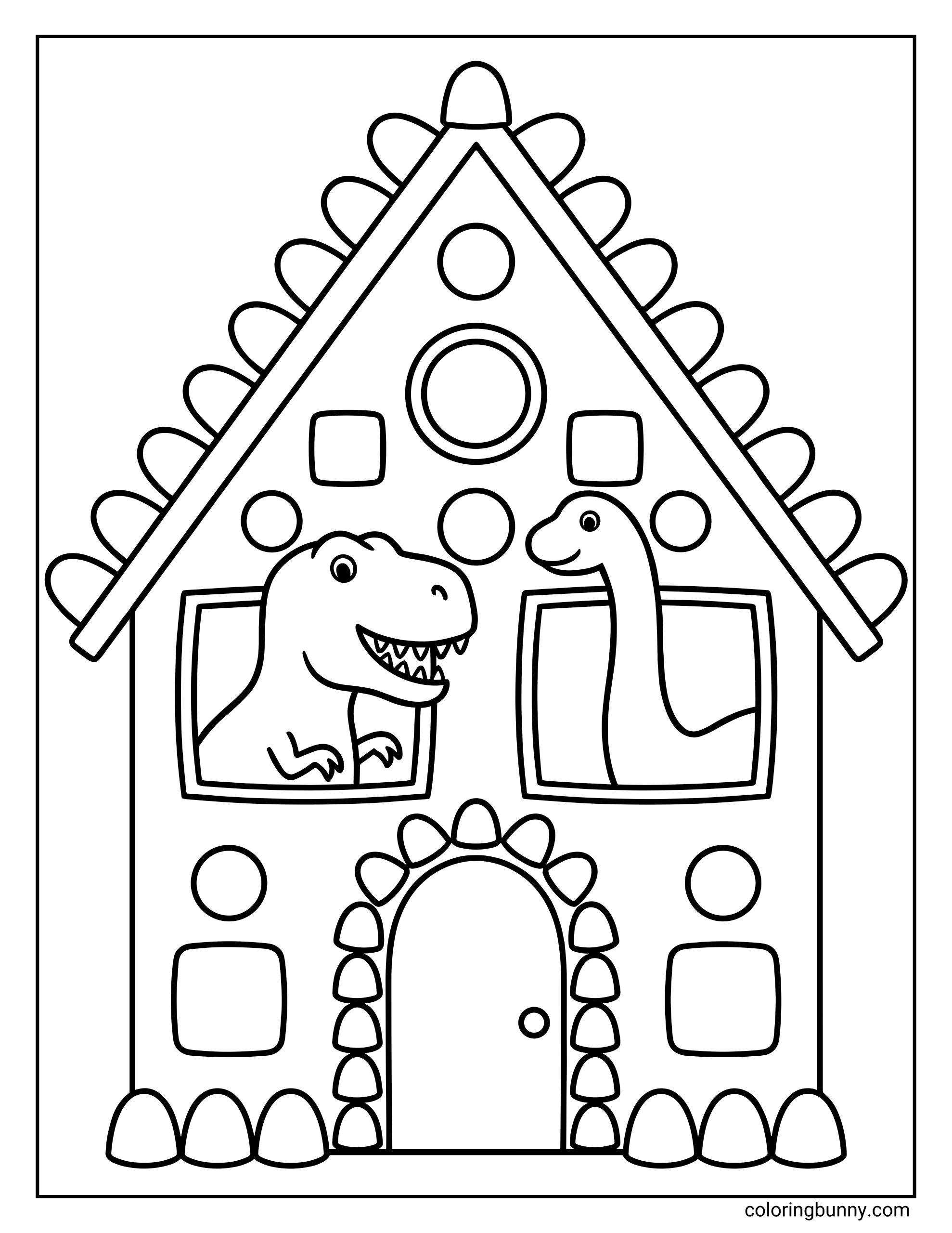 A simple Christmas coloring page where a T-Rex and a Diplodocus peek out of the windows of a cute gingerbread house decorated with candy shapes.