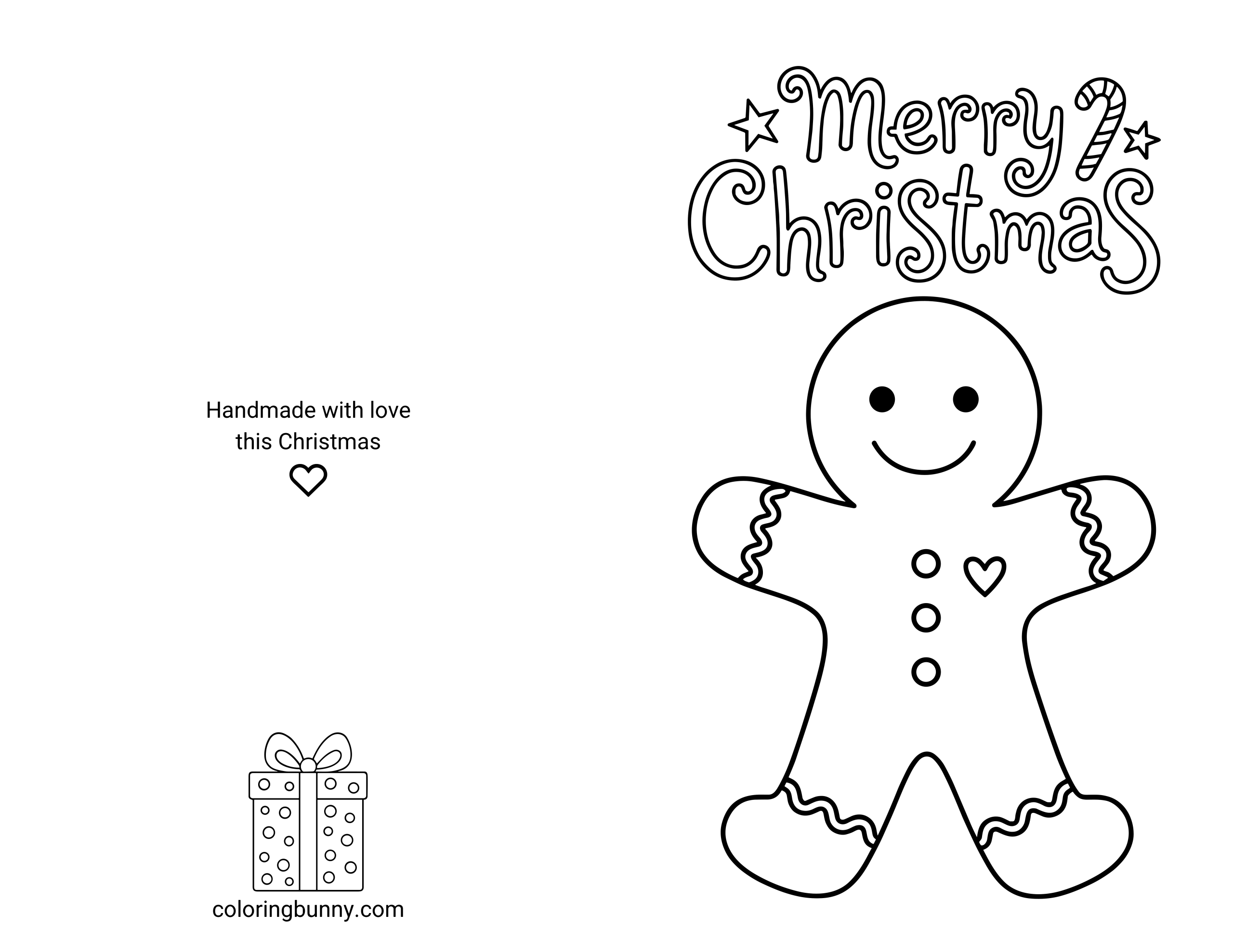 A printable and foldable Christmas card coloring page featuring a smiling gingerbread man decorated with icing, buttons, and a heart detail. Above him, playful script letters spell “Merry Christmas” with stars and a candy cane accent. On the left half of the page, the back of the card displays the text “Handmade with love this Christmas,” a small heart icon, and a wrapped gift illustration.