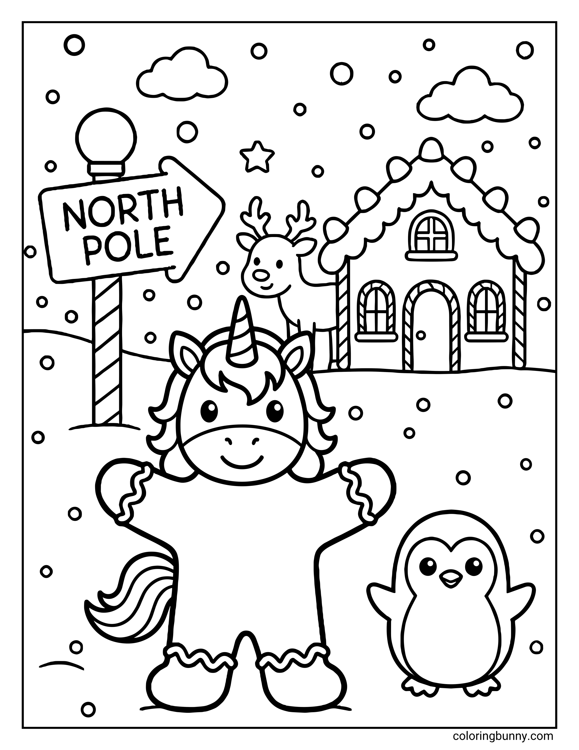 A Unicorn Christmas coloring page featuring a cute gingerbread-style unicorn standing in the snow beside a smiling penguin with their arms up. Behind them is a “North Pole” sign, a reindeer, and a gingerbread house decorated with icing. Snowflakes fall all around in this festive winter scene.