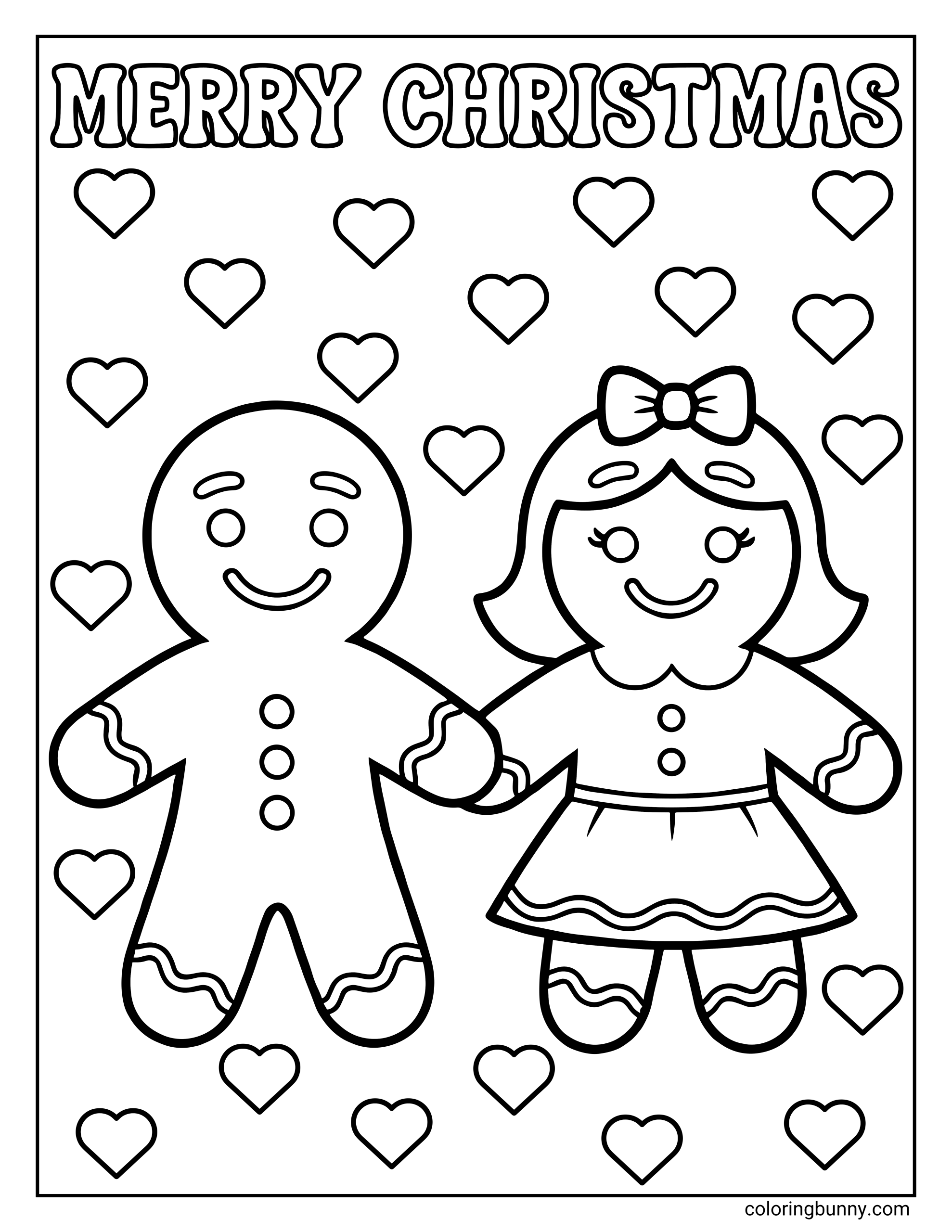 Gingerbread man coloring page featuring a happy cookie couple holding hands under the words Merry Christmas and floating hearts.