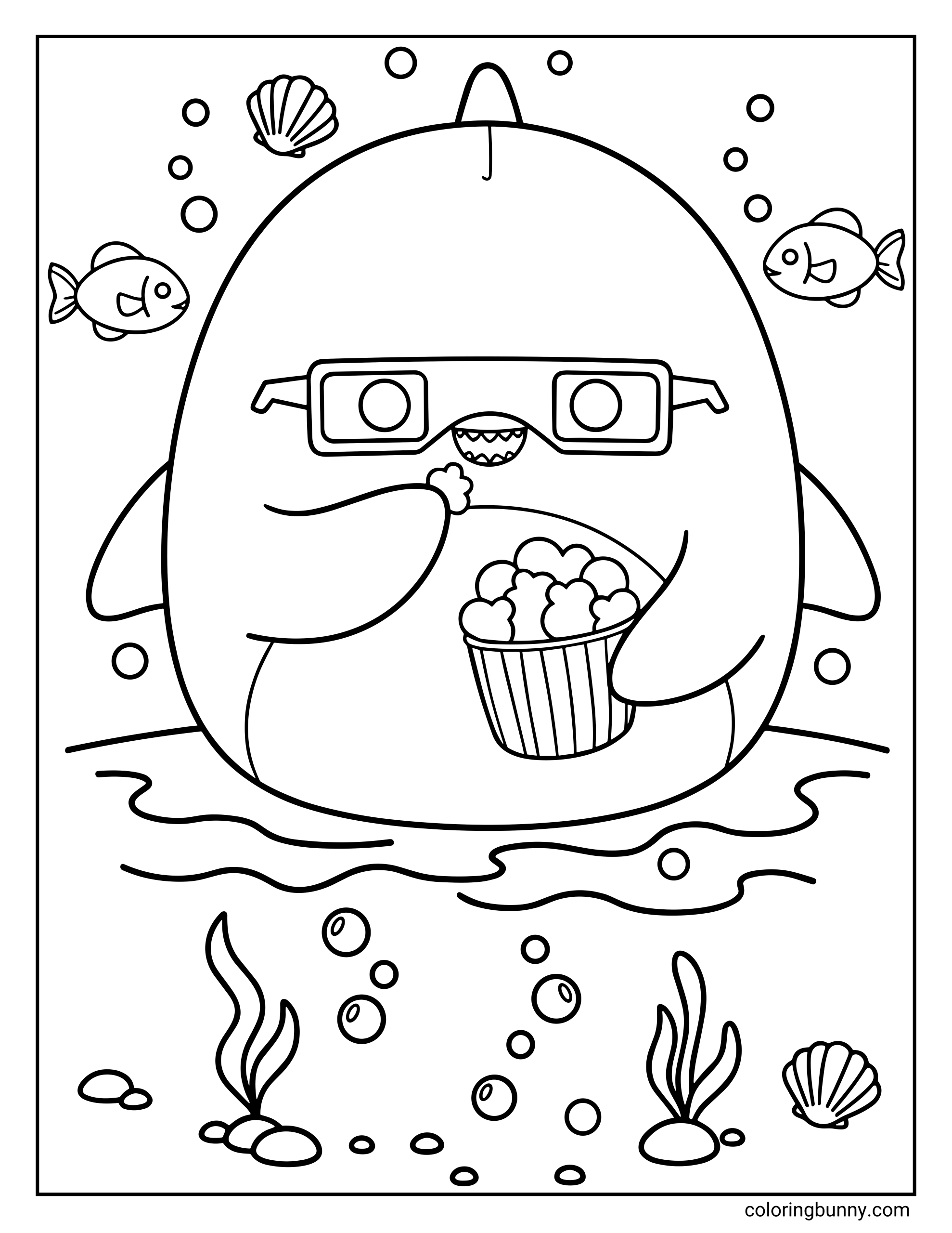 A Squishmallow coloring page of Gordon the Shark wearing square glasses while floating underwater and happily eating popcorn from a striped tub. He is surrounded by bubbles, small fish, seashells, and sea plants on the ocean floor, giving the scene a playful, cozy movie-night-under-the-sea feel.