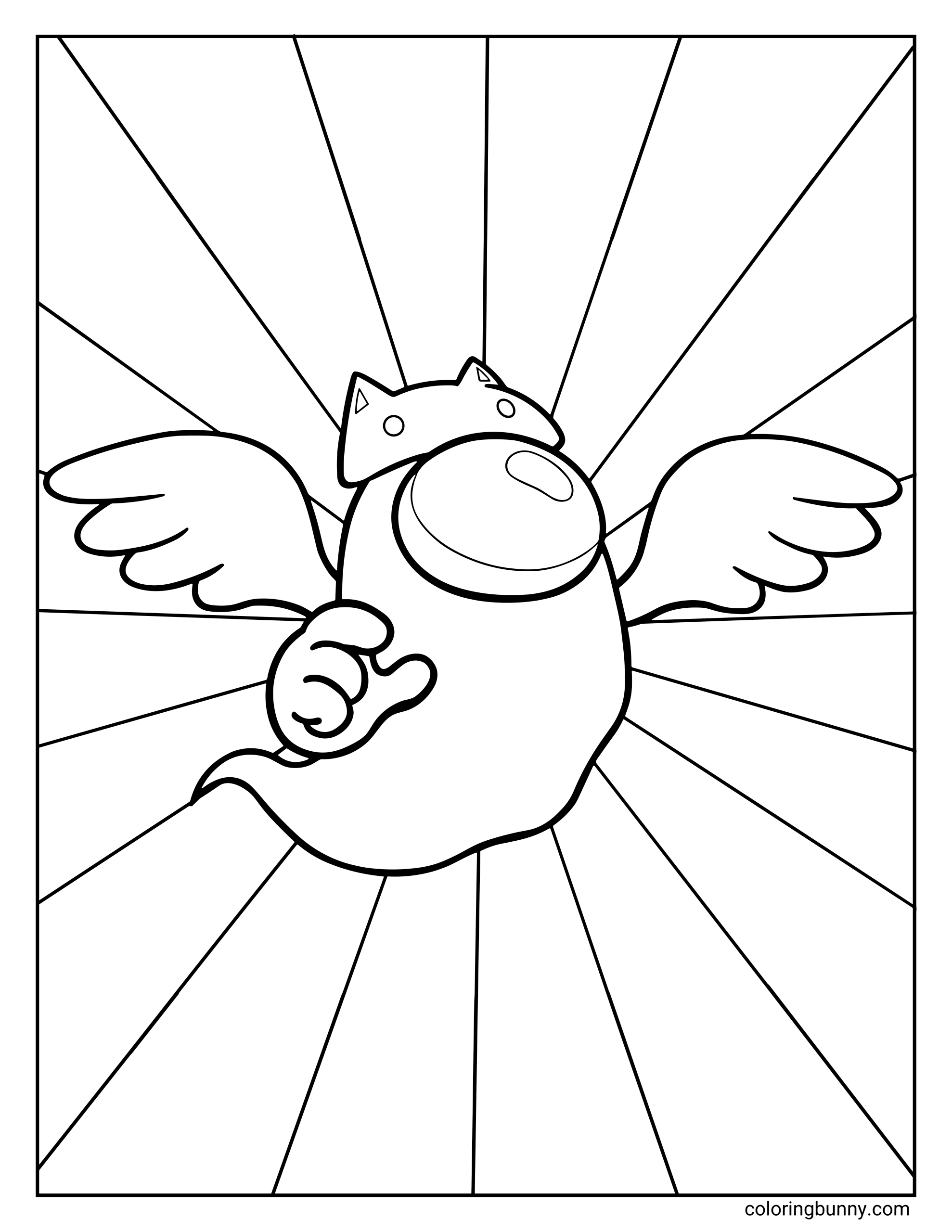 An Among Us coloring page featuring a floating guardian angel character with angel wings, a small cat-eared halo hat, and a glowing burst background.