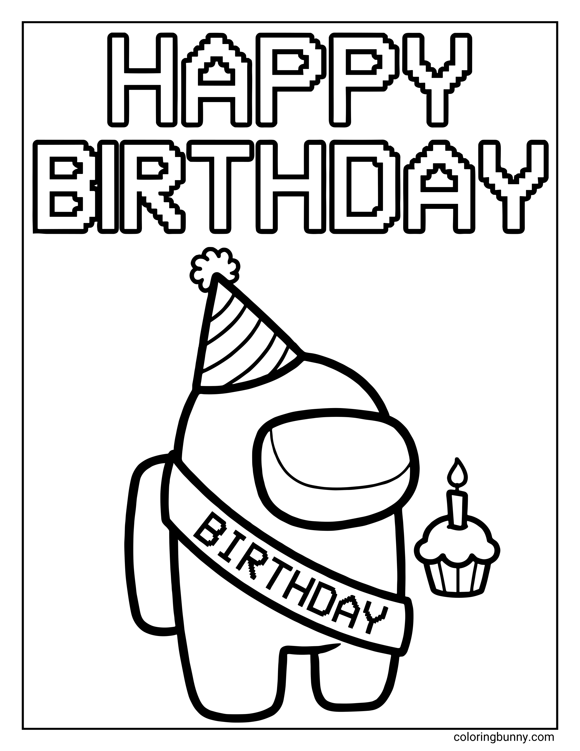 An Among Us birthday coloring page featuring a crewmate wearing a party hat and a “Birthday” sash, with bold “Happy Birthday” text at the top in the style of Among Us font and a cupcake with a lit candle beside them.