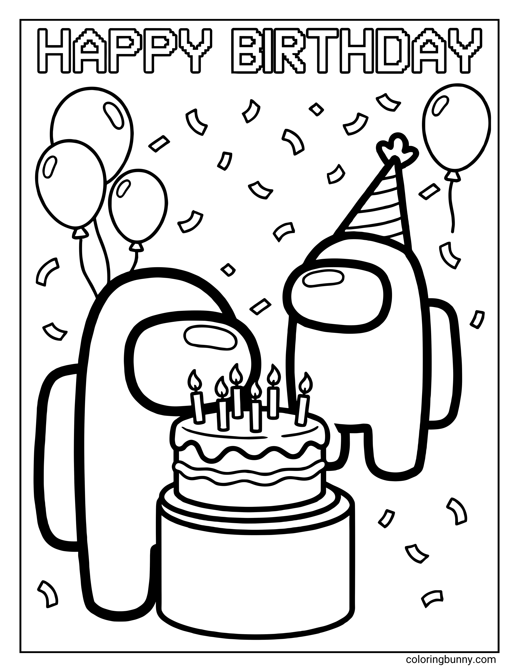 An Among Us–style birthday coloring page showing two crewmates celebrating with a large cake topped with lit candles, balloons, falling confetti, and “Happy Birthday” text at the top. One crewmate wears a party hat.