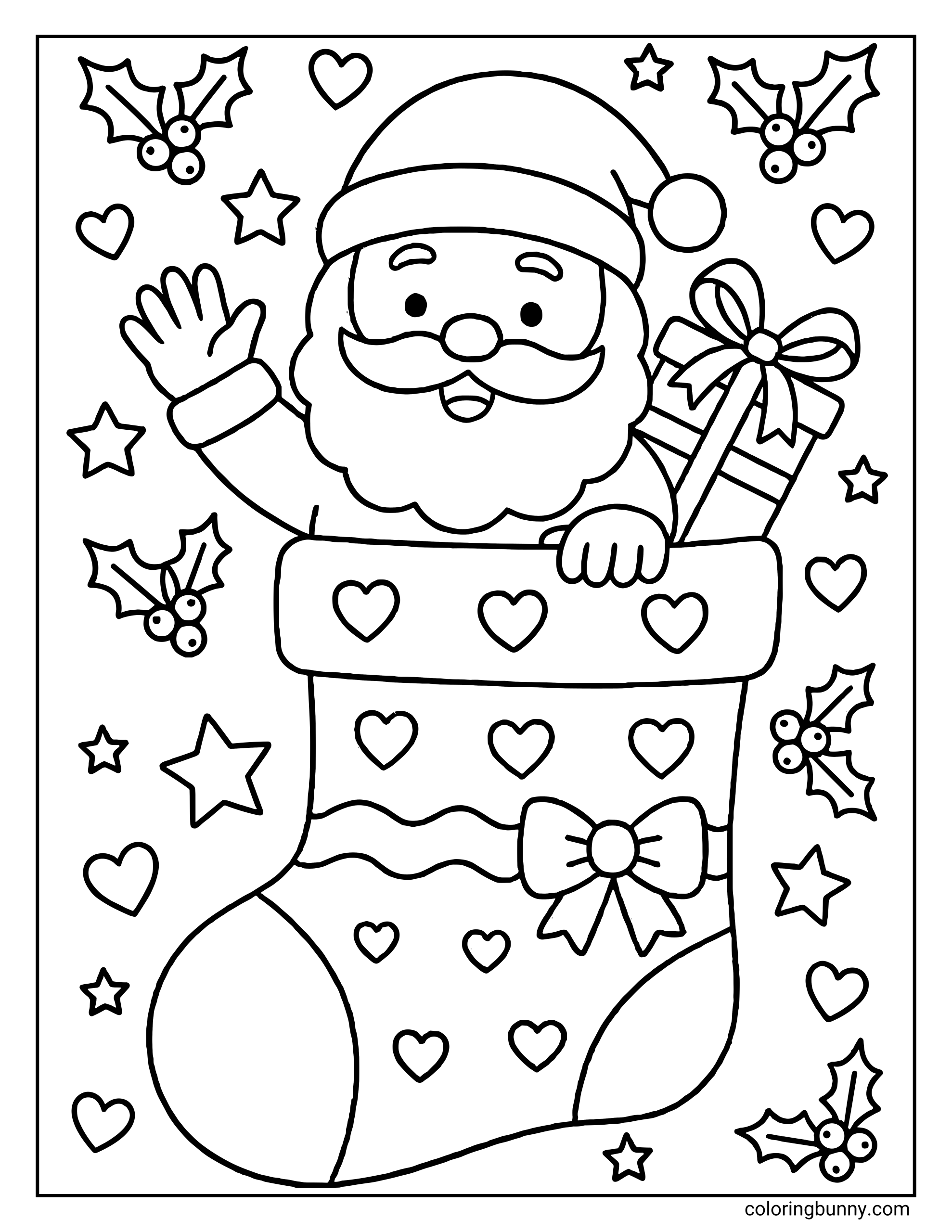 A Christmas coloring page showing Santa Claus popping out of a large stocking decorated with many hearts, a bow, and a wavy stripe. Santa waves with one hand while holding a wrapped present in the other. Holly leaves, berries, hearts, and stars fill the background, all framed inside a rectangular border.