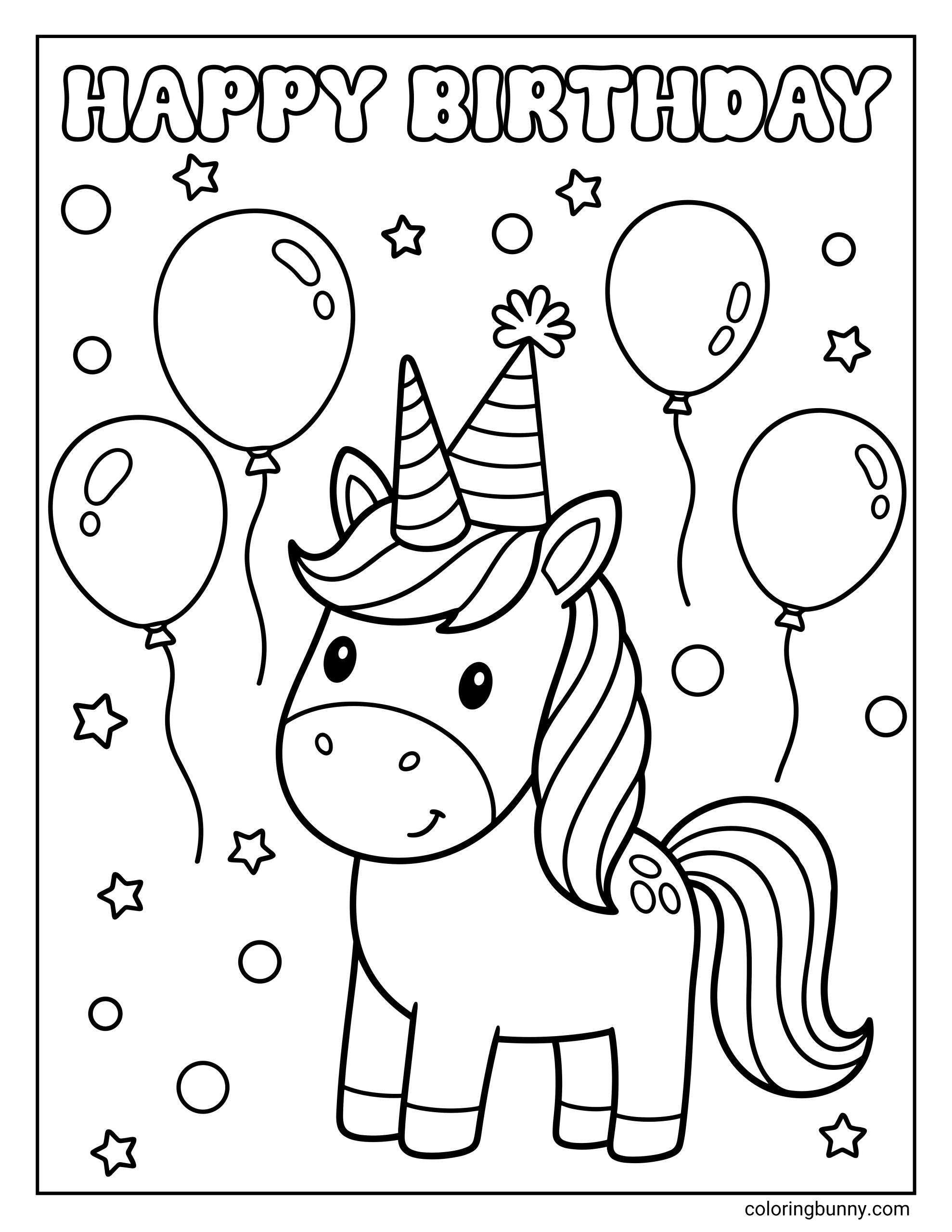 A unicorn happy birthday coloring page featuring a cute unicorn wearing a striped party hat. The scene is decorated with floating balloons, stars, and circles, with the text "HAPPY BIRTHDAY" in bubble letters at the top.