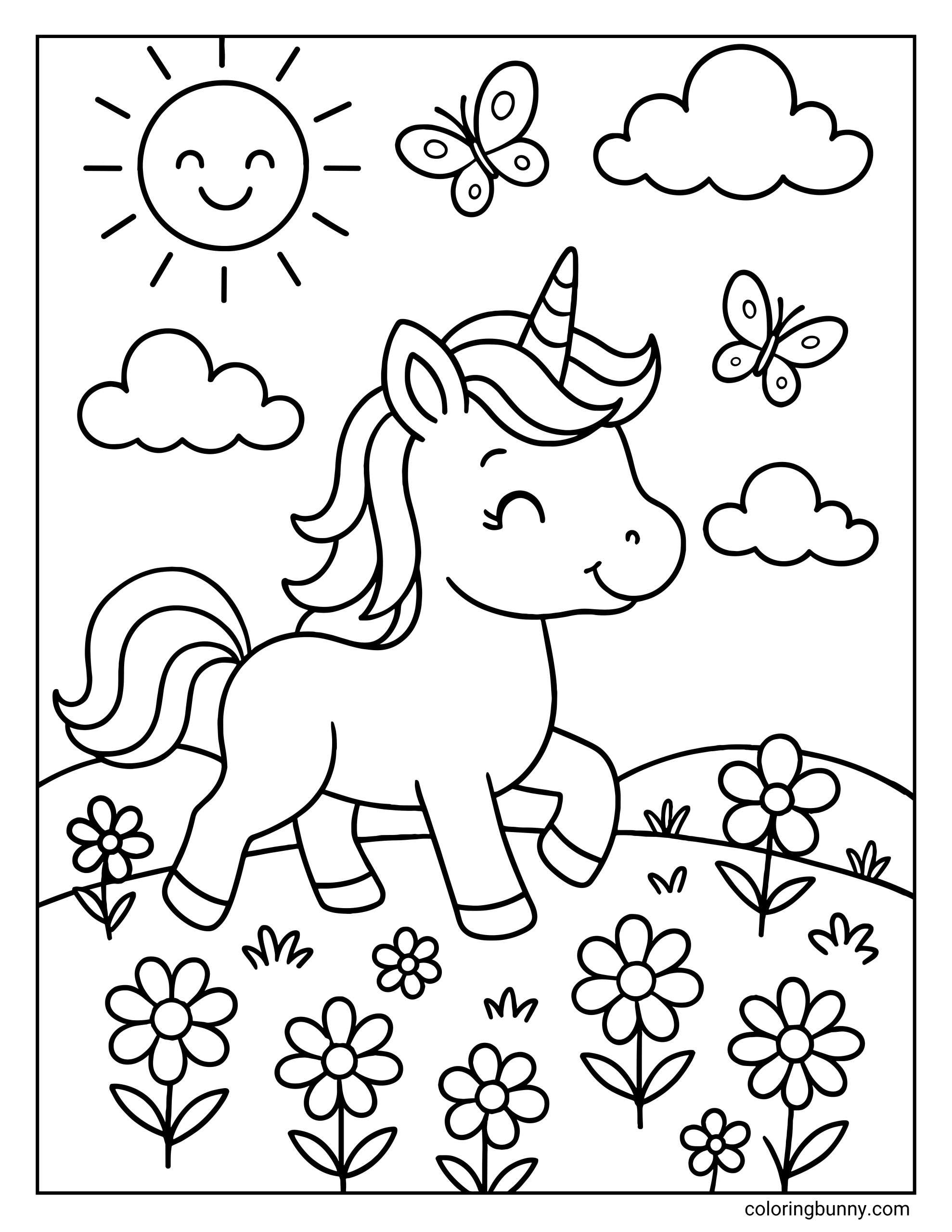 A cheerful coloring page of a happy unicorn prancing through a flower meadow. The scene features a smiling sun, fluffy clouds, and two butterflies fluttering around the pony.