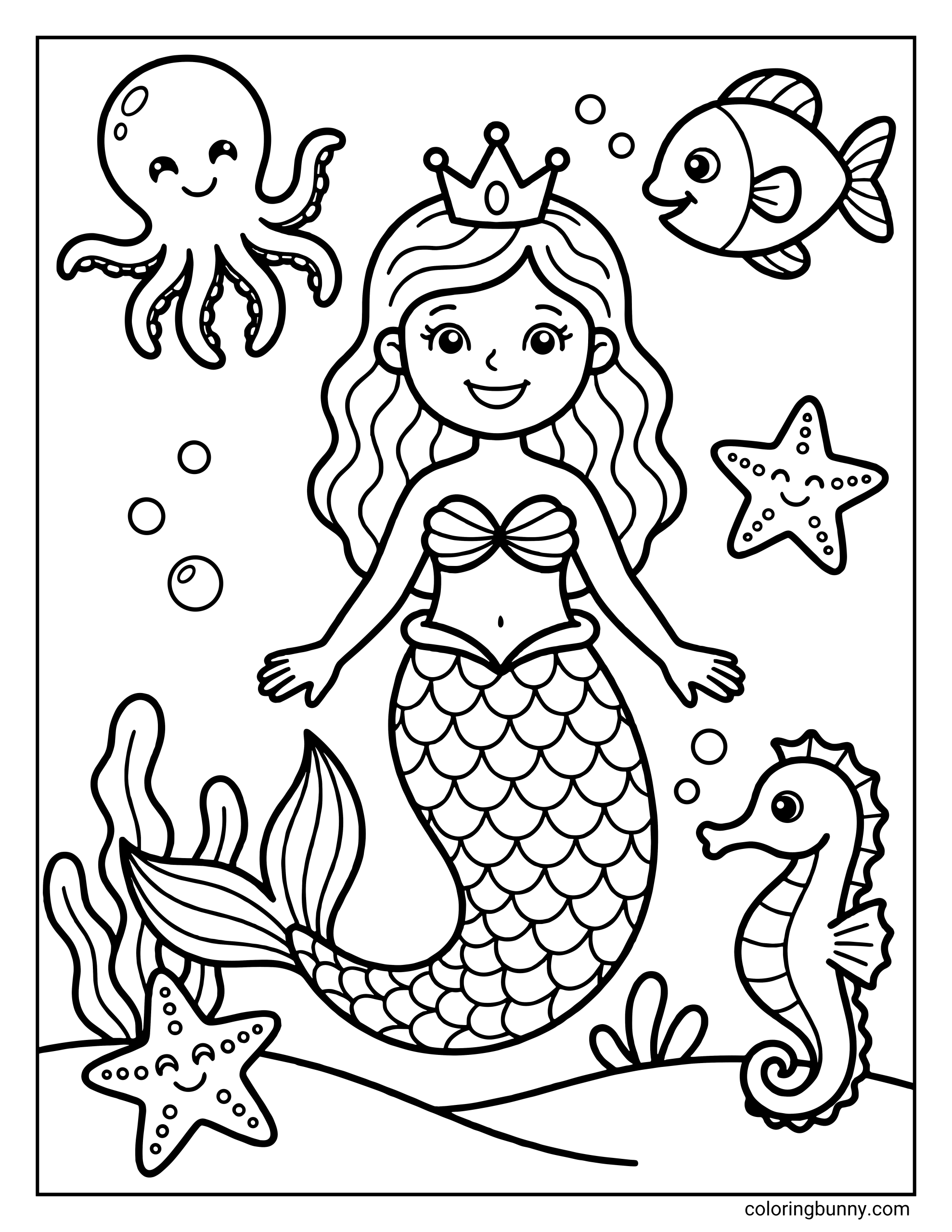 A coloring page of a smiling mermaid princess wearing a crown, surrounded by a cute octopus, fish, seahorse, and starfish in the ocean.
