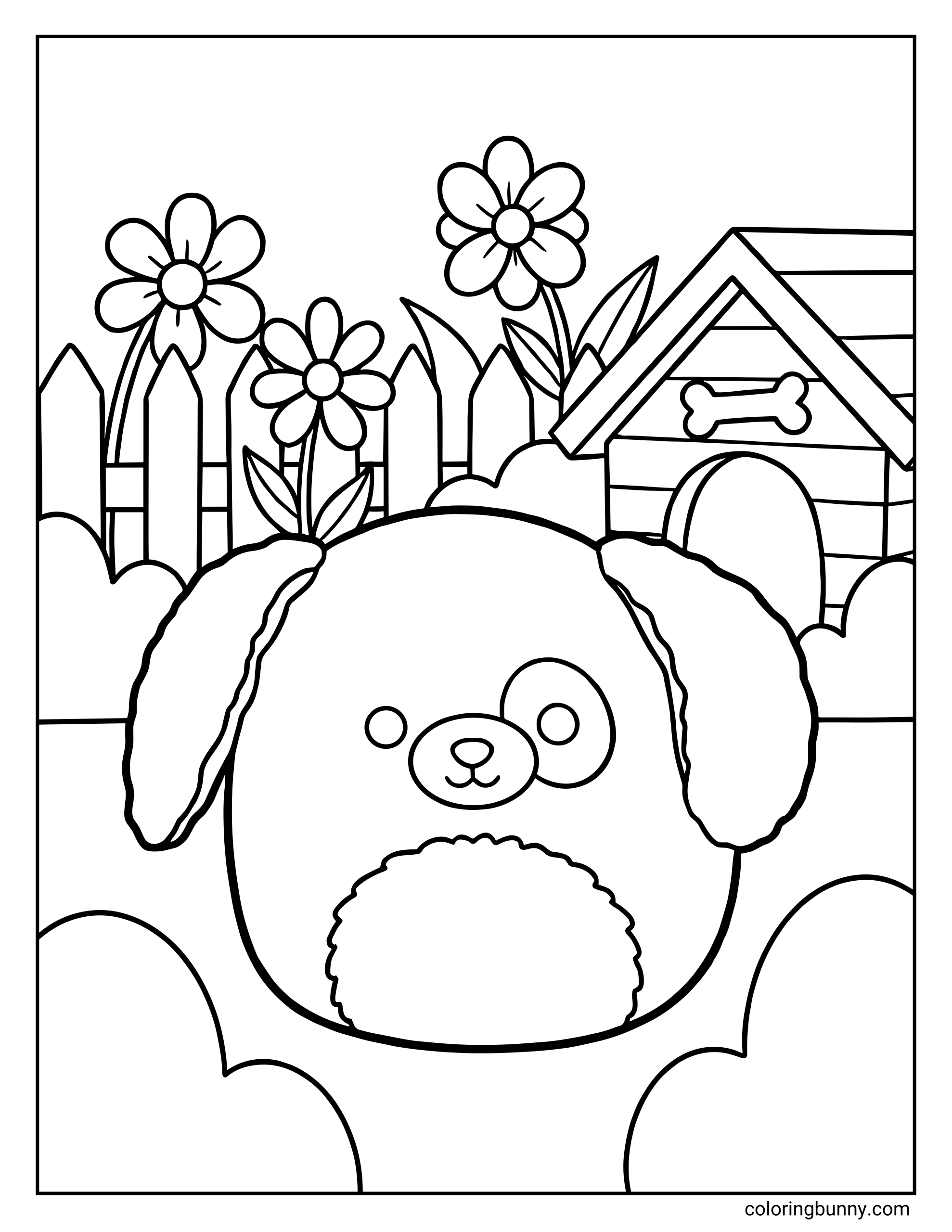 A Squishmallow coloring page of Harrison the Dog, shown as a round, floppy-eared puppy with a friendly smile and a fluffy belly patch. Harrison is sitting in a cheerful garden scene with blooming flowers, a wooden fence, and a cozy doghouse in the background, creating a playful outdoor setting.