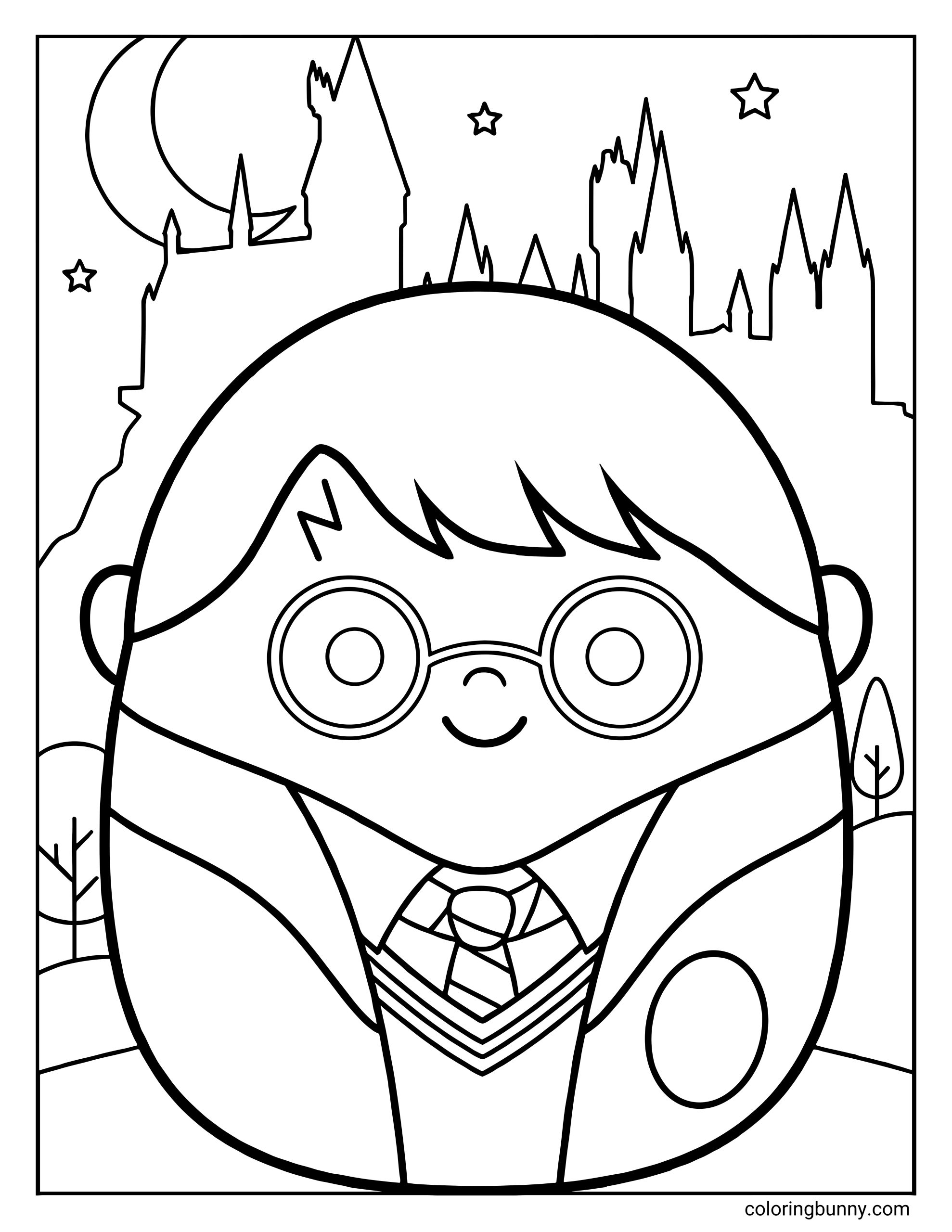 A Squishmallow coloring page of Harry Potter, shown as a rounded plush character wearing round glasses, a Hogwarts school uniform, and a striped tie. His iconic lightning bolt scar is visible on his forehead, with short messy hair, a gentle smile, and a nighttime Hogwarts castle silhouette in the background, including towers, stars, and a crescent moon.