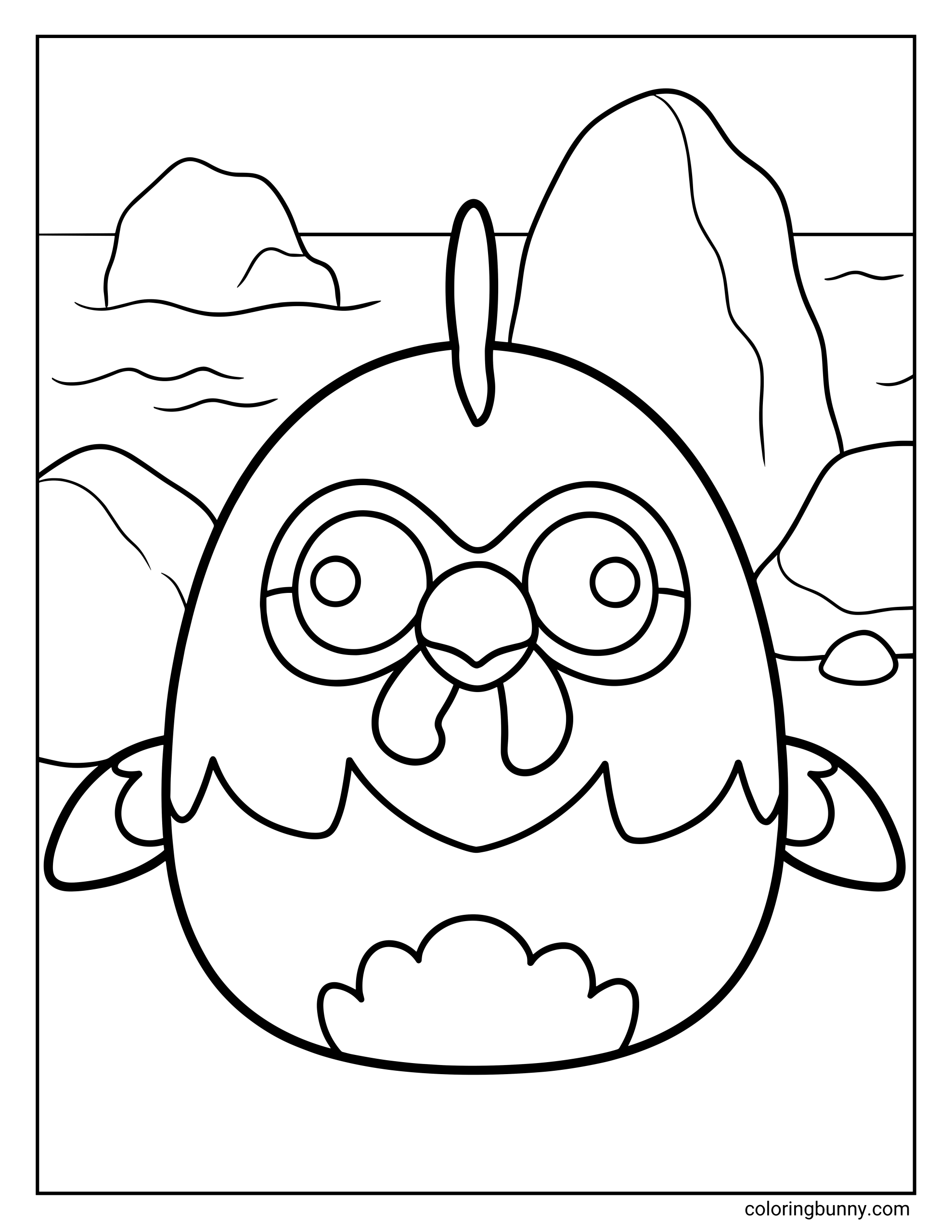 A Squishmallow coloring page of Hei Hei the rooster from Moana with big round eyes and a small tuft of feathers on his head, standing by the ocean with rocky islands and gentle waves in the background.
