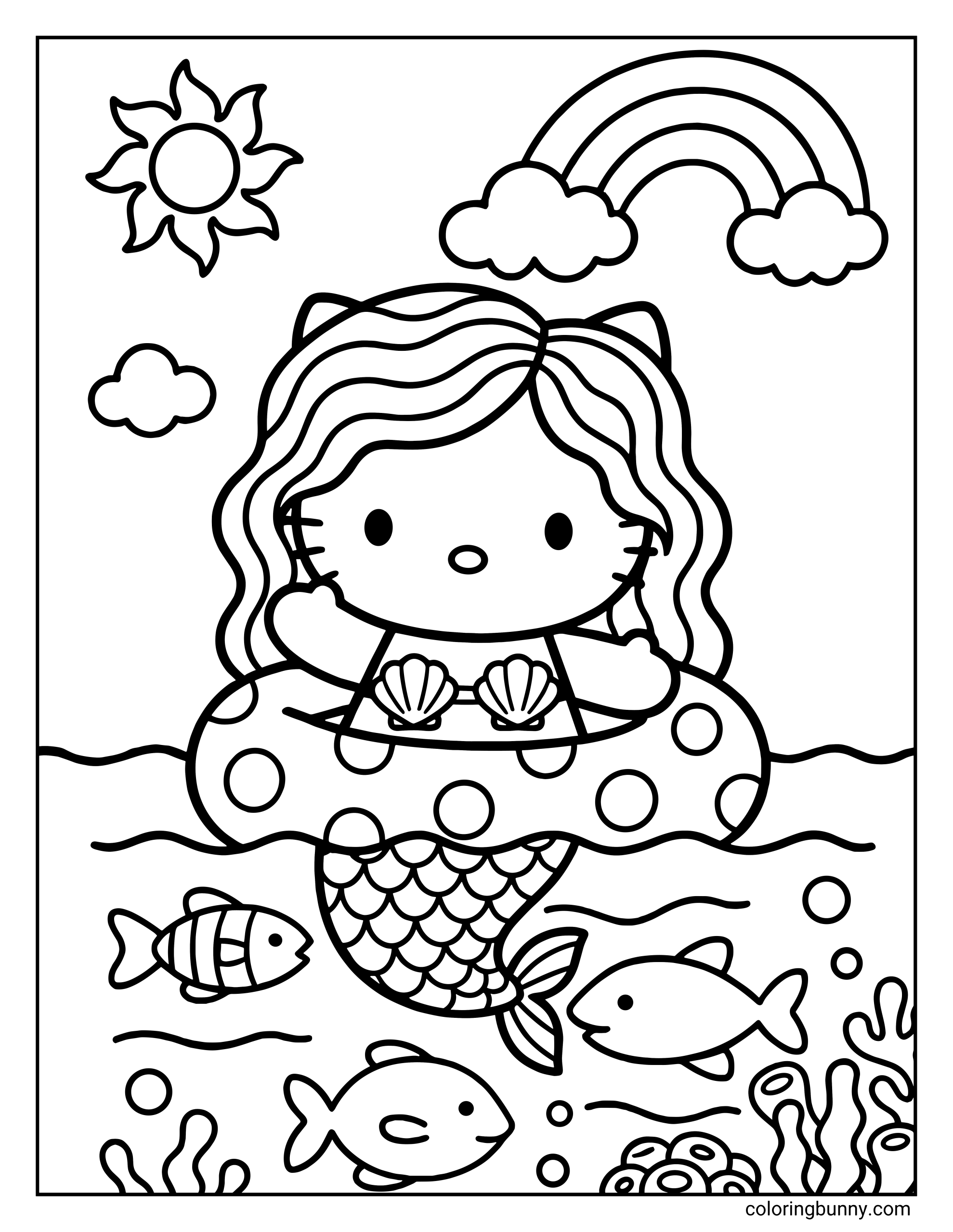 A coloring page featuring Hello Kitty as a mermaid floating in a polka-dot swim ring, with a sun and rainbow in the sky and fish swimming in the water below.