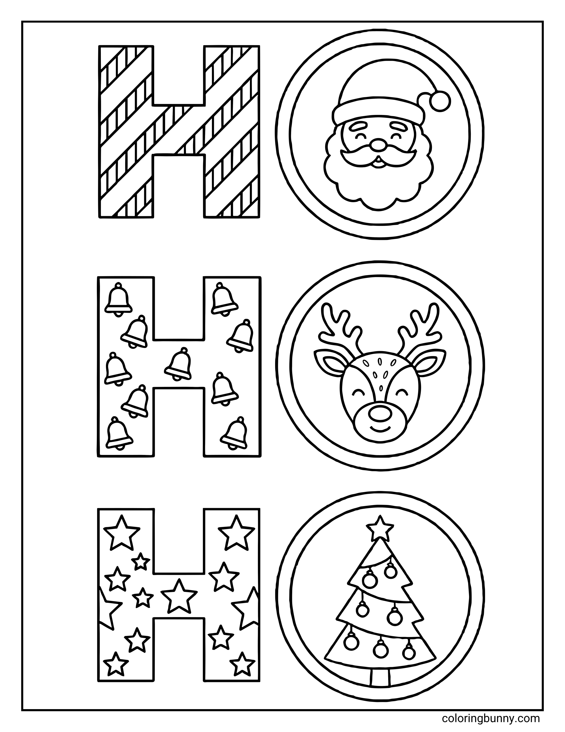 A Christmas coloring page with three big “H” letters stacked vertically, each with a different pattern: diagonal stripes, bells, and stars. Beside each “H” is a circle with a festive design inside—Santa’s face at the top, a smiling reindeer in the middle, and a decorated Christmas tree at the bottom. All elements are framed inside a rectangular border.