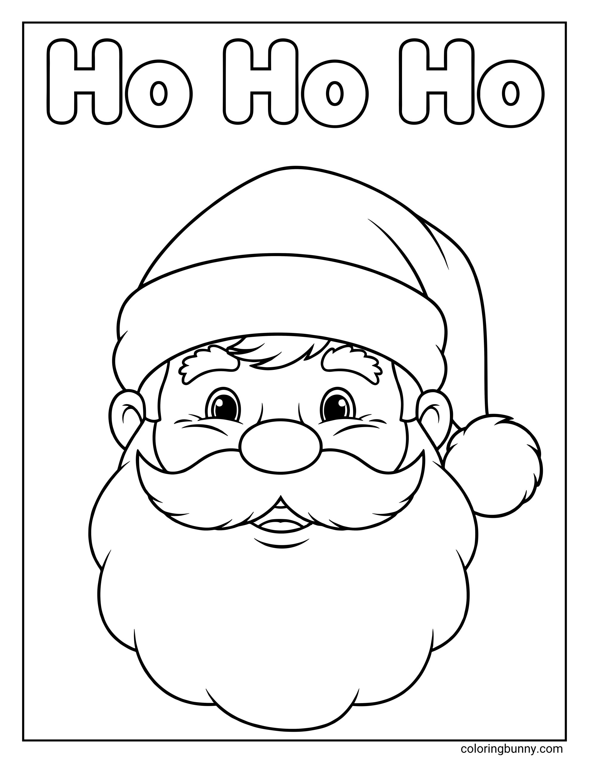 Santa Claus coloring page featuring a close-up of Santa's smiling face with a hat and the text "Ho Ho Ho" written above.