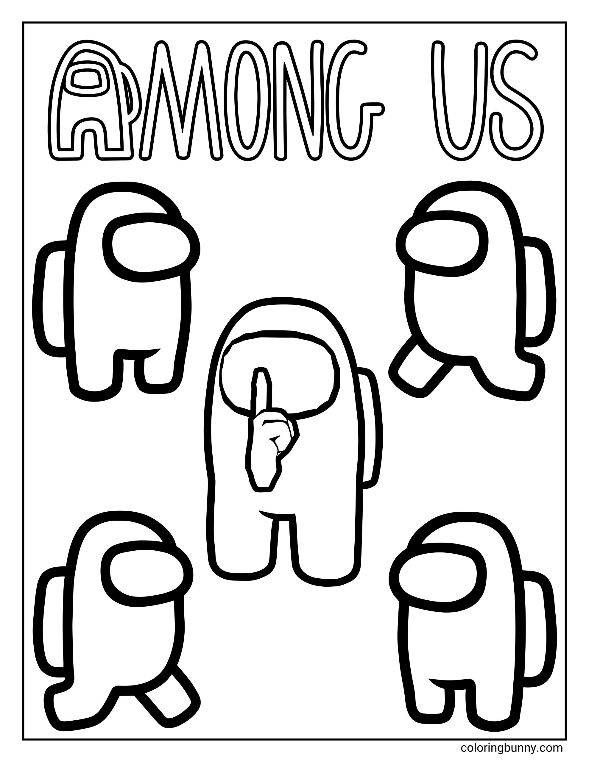 An Among Us coloring page showing the text “AMONG US” at the top, with the letter A shaped like an Among Us crewmate. Below the text, five crewmates are arranged around the page, each in a different pose. In the center, a crewmate (impostor) holds one finger up to their visor in a “shh” gesture, while the surrounding crewmates stand, walk, or face different directions.