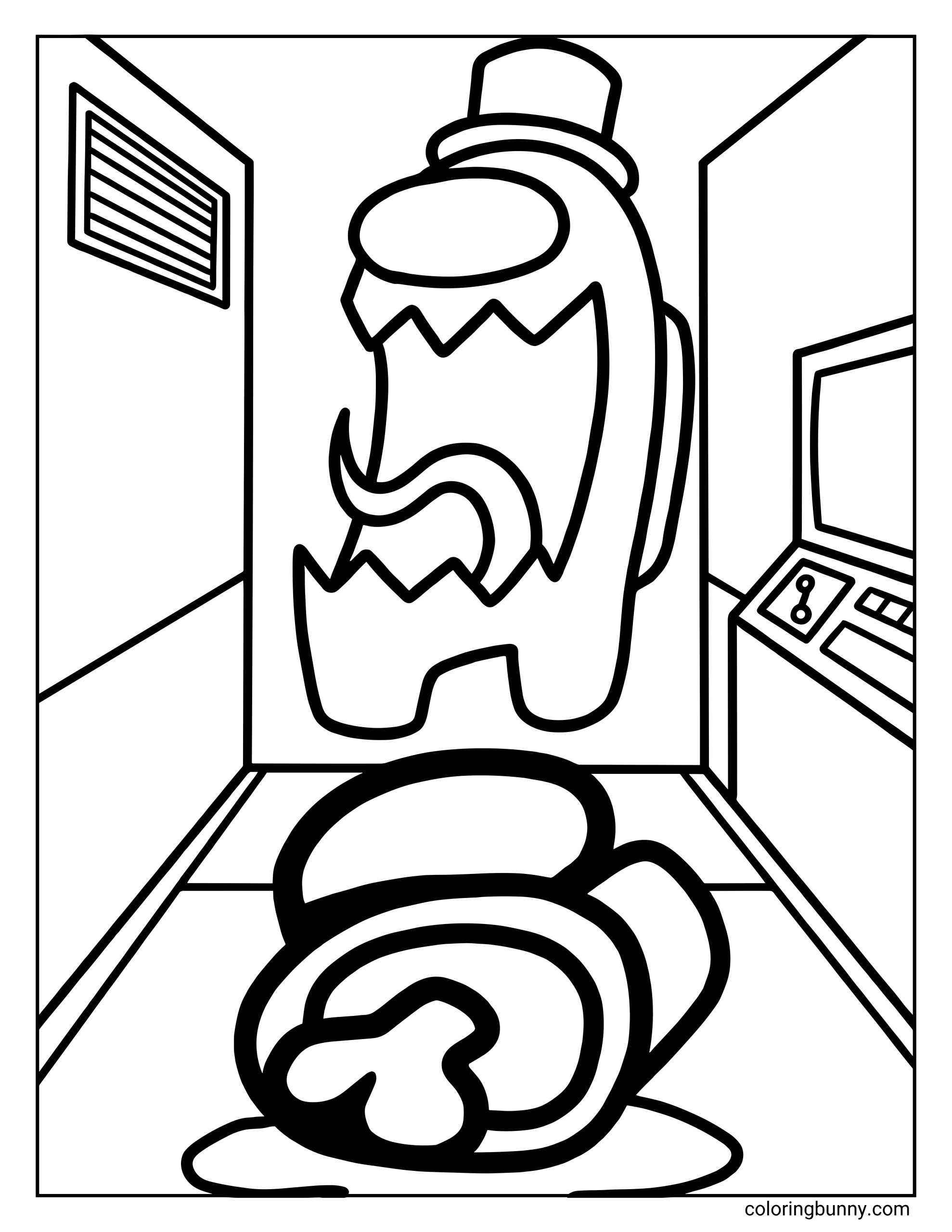 An Among Us coloring page showing an impostor with a top hat and sharp teeth looming in a hallway, with a defeated crewmate’s body on the floor below.