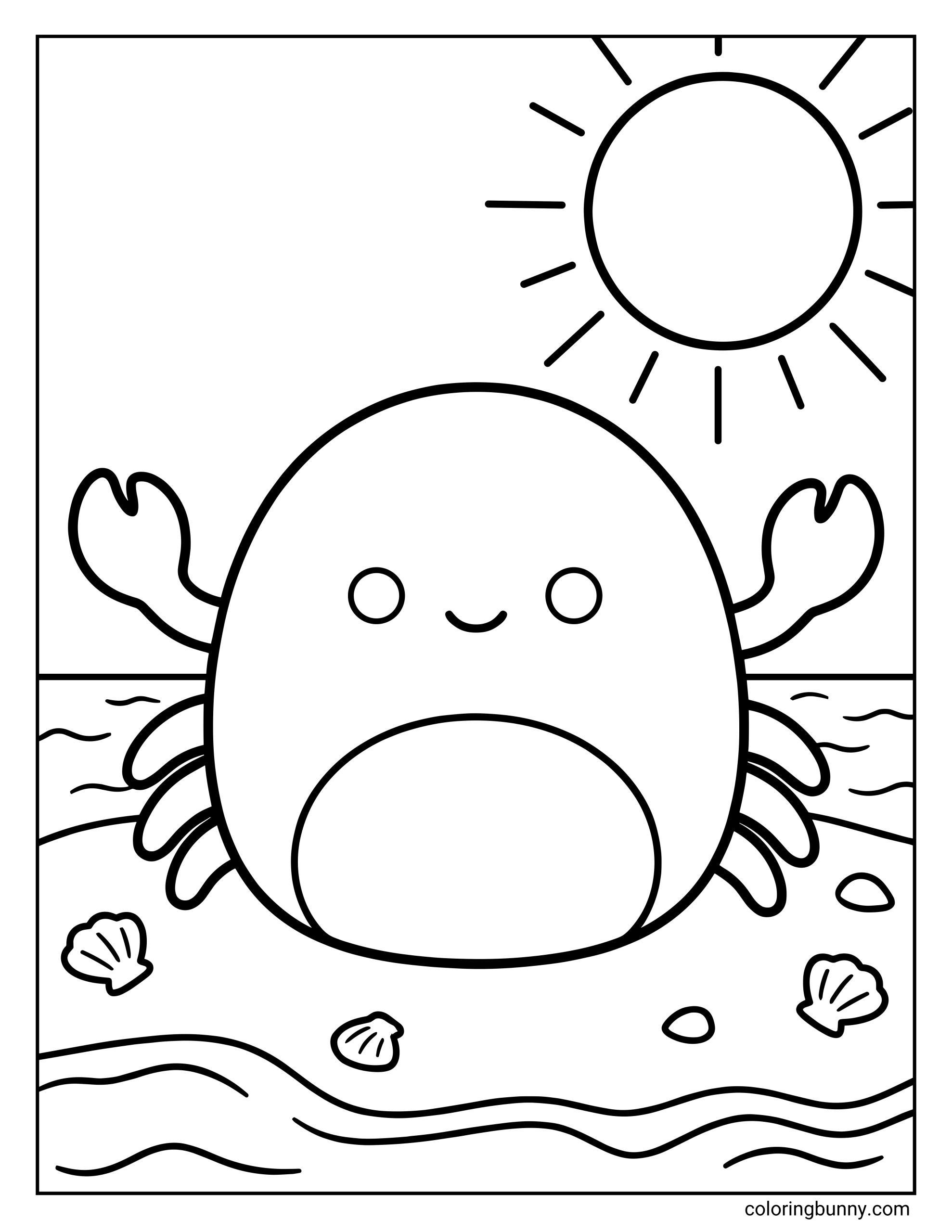 A Squishmallow crab coloring page featuring Isler the Crab with a round, squishy body, raised claw arms, small smiling face, and short legs, standing on a sandy beach with seashells, gentle waves, and a bright sun in the sky.