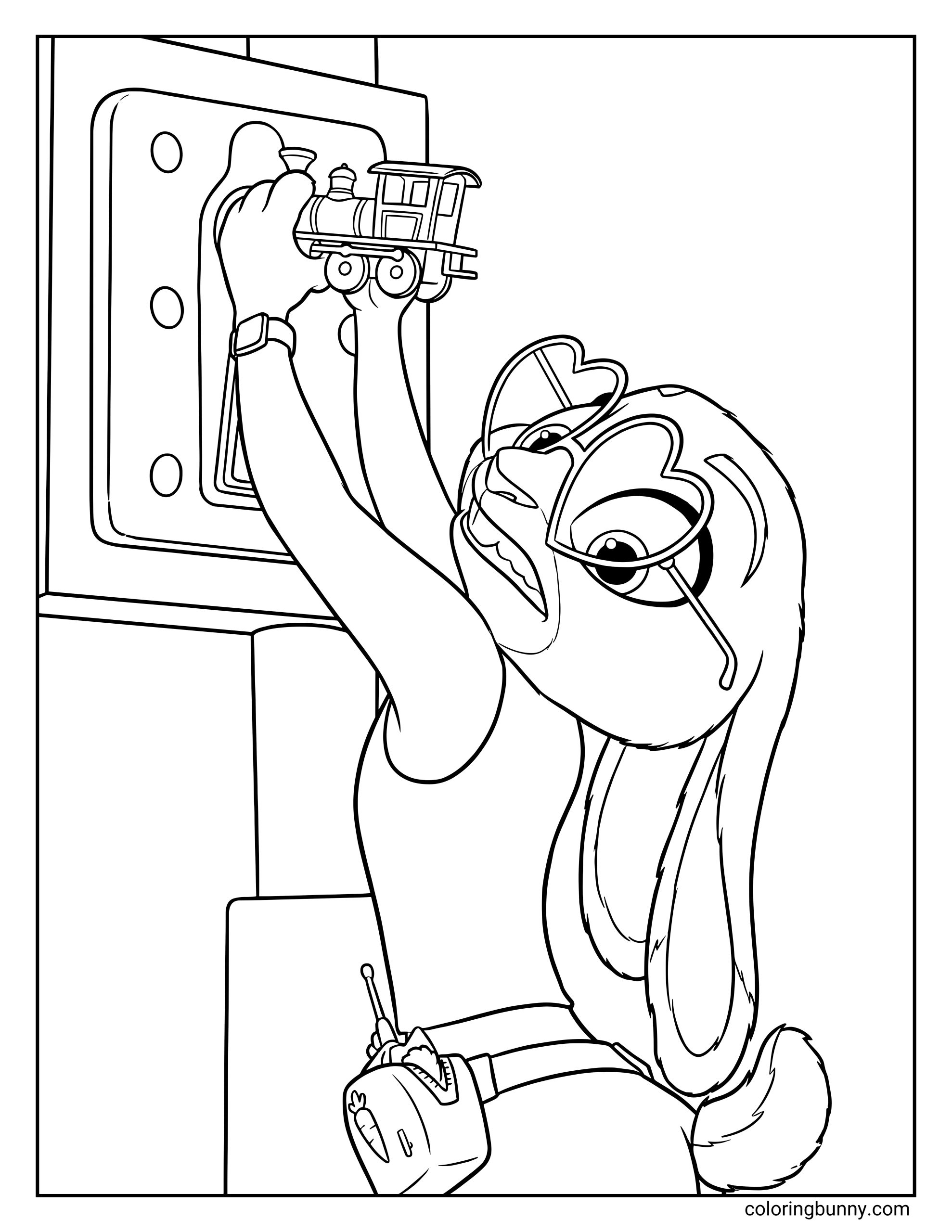 A Zootopia 2 coloring page of Judy Hopps wearing large heart-shaped glasses while reaching up to place a small toy train through a giant keyhole. She’s dressed in a sleeveless top with a utility belt around her waist, which holds a walkie-talkie. Judy looks focused and slightly strained as she stretches her arm toward the control panel, as if performing a creative or improvised fix during a Zootopia 2 investigation.