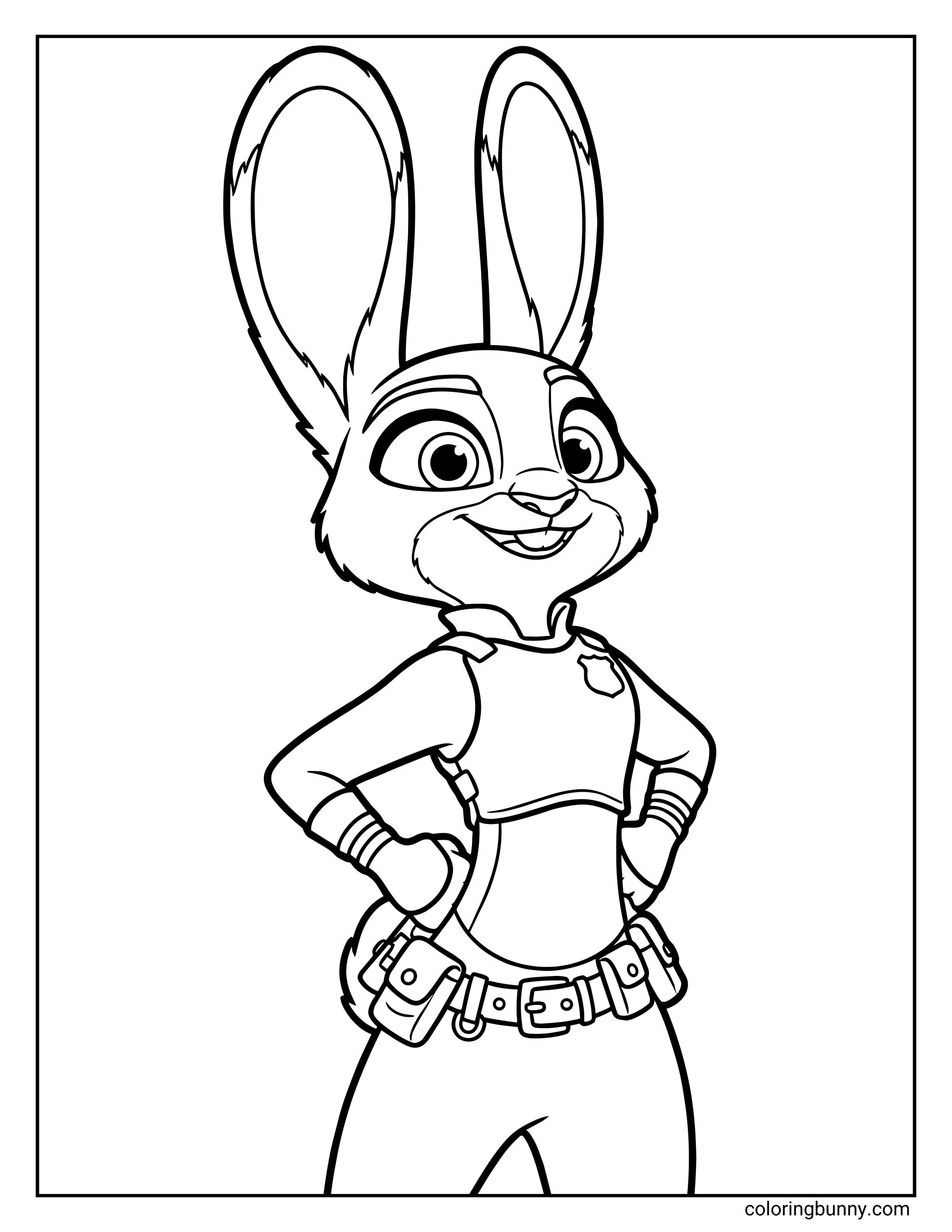 A Zootopia 2 coloring page of Judy Hopps standing confidently with her hands on her hips. She’s wearing her police uniform, including her fitted tactical vest with a badge on the chest, long-sleeved undershirt, utility belt with pouches and gear, and form-fitting uniform pants. Judy smiles proudly with her tall ears upright, looking ready to take charge of the next big case in Zootopia 2.