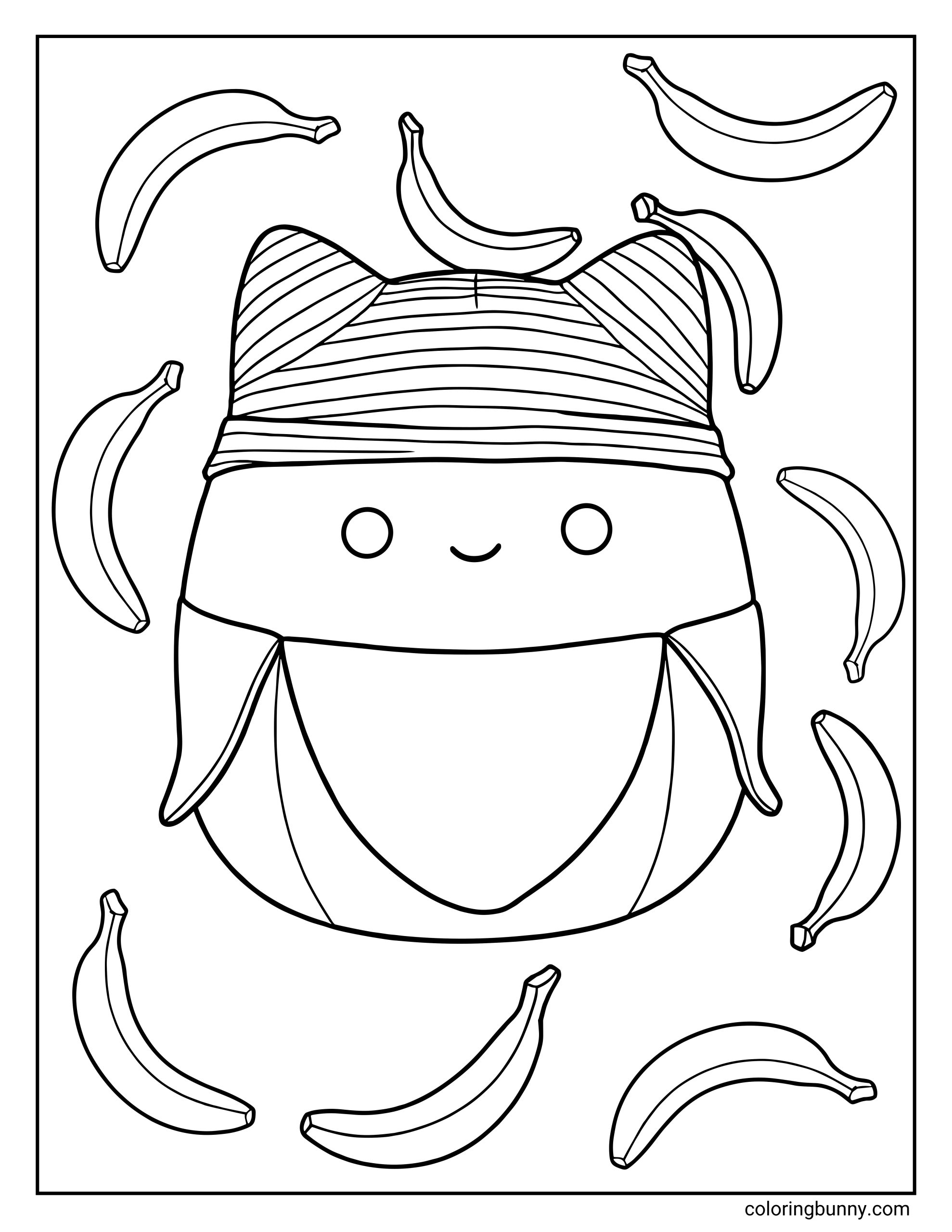 A Squishmallow coloring page of Junie the Banana, a round and smiling character wrapped in a striped peel-like hood with tiny ears peeking out, surrounded by floating bananas in different angles.
