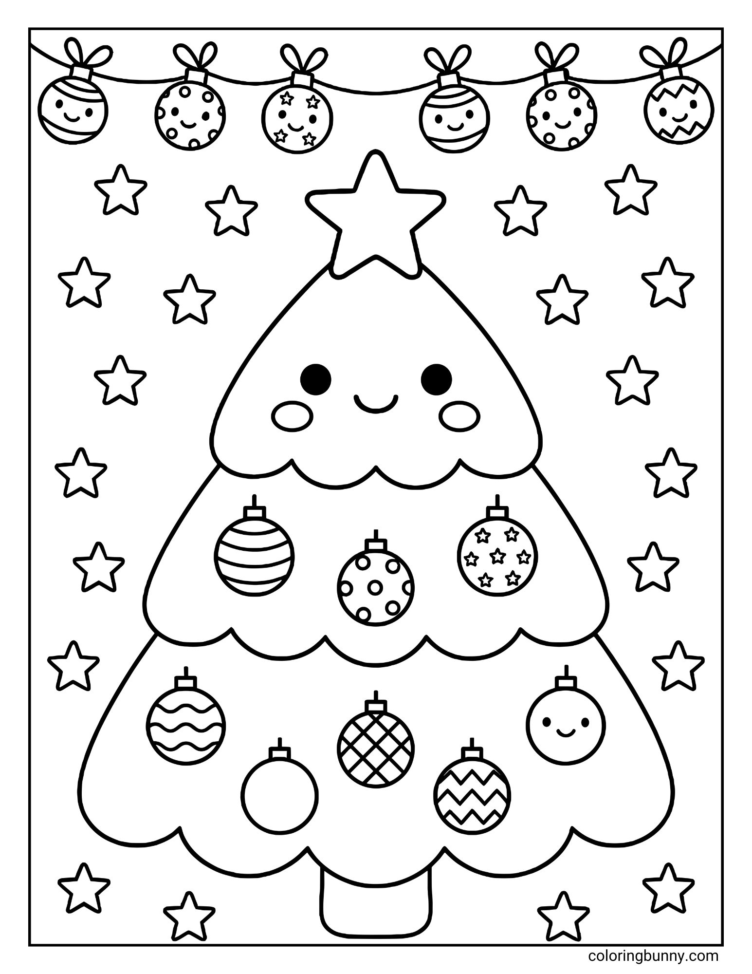 A cute Christmas tree coloring page with a smiling tree topped by a star. The tree has many ornaments with different patterns like stripes, polka dots, stars, zigzags, and faces. Above the tree hangs a string of round baubles, and stars fill the background. The entire design sits inside a rectangular frame.
