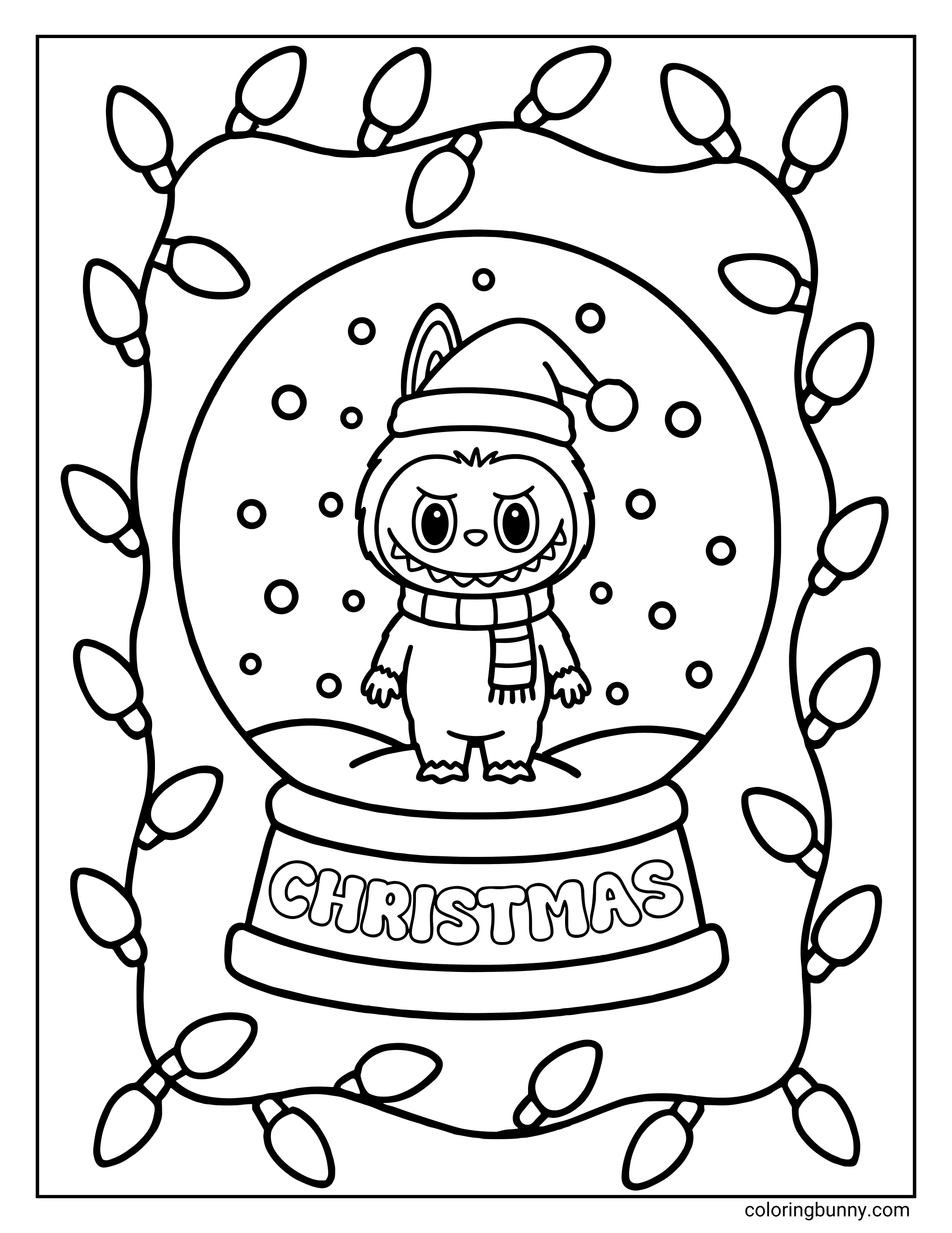 Labubu Christmas coloring page showing the character wearing a Santa hat and scarf inside a snow globe bordered by Christmas lights.
