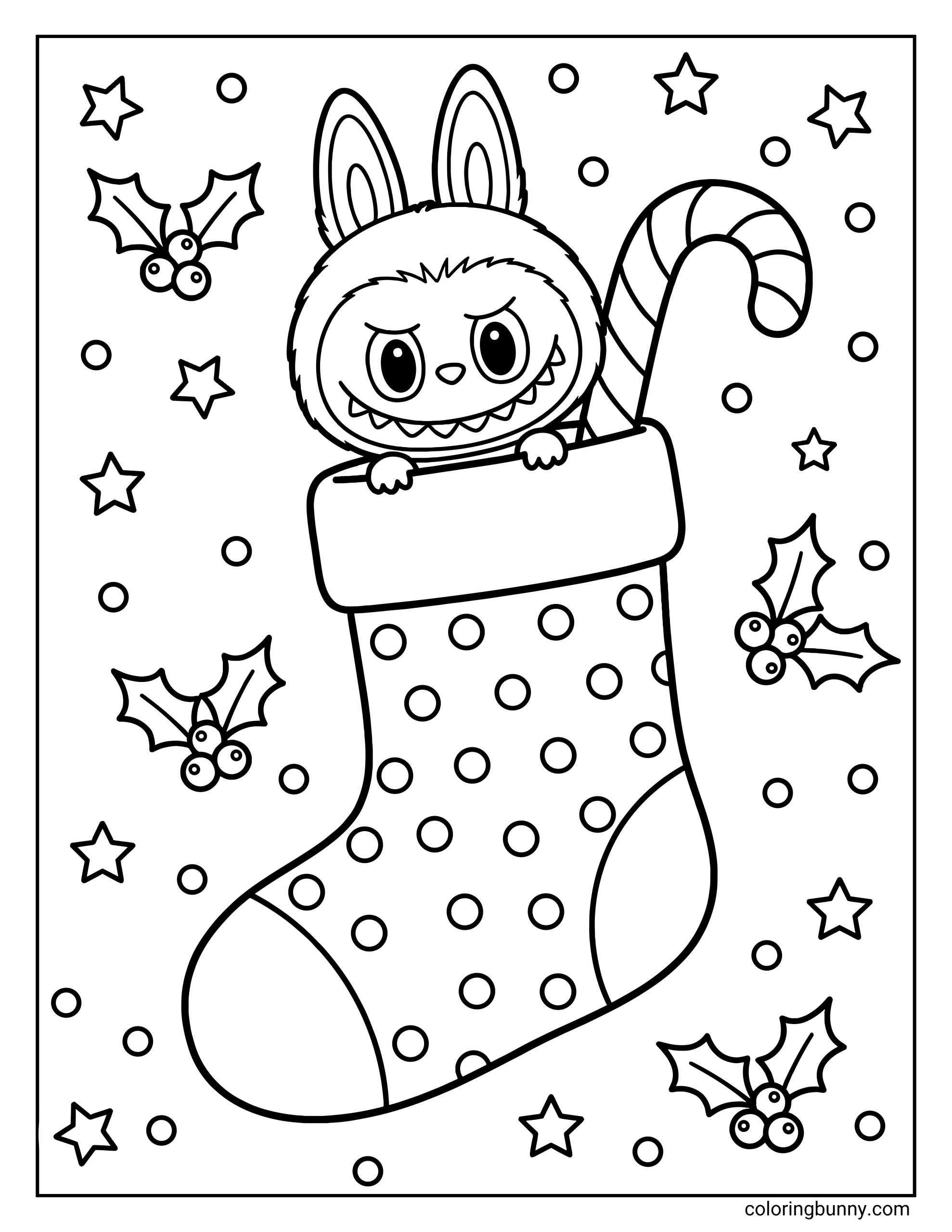 Vertical Labubu Chirtsmas coloring page of a Christmas sweater design featuring "MERRY CHRISTMAS" text, a central Labubu character, candy canes, trees, and zigzag sleeve patterns.
