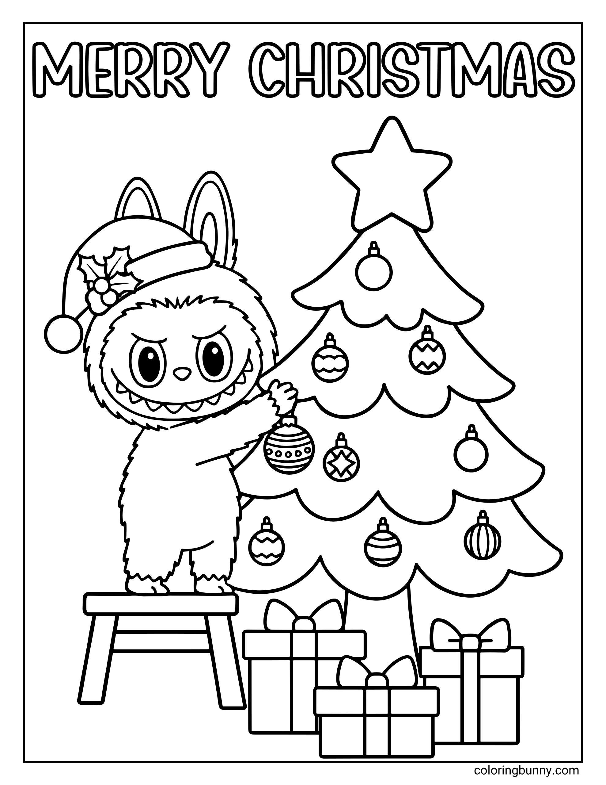 Labubu Christmas coloring page showing Labubu standing on a stool placing an ornament on a Christmas tree, with "MERRY CHRISTMAS" text above and gift boxes below.