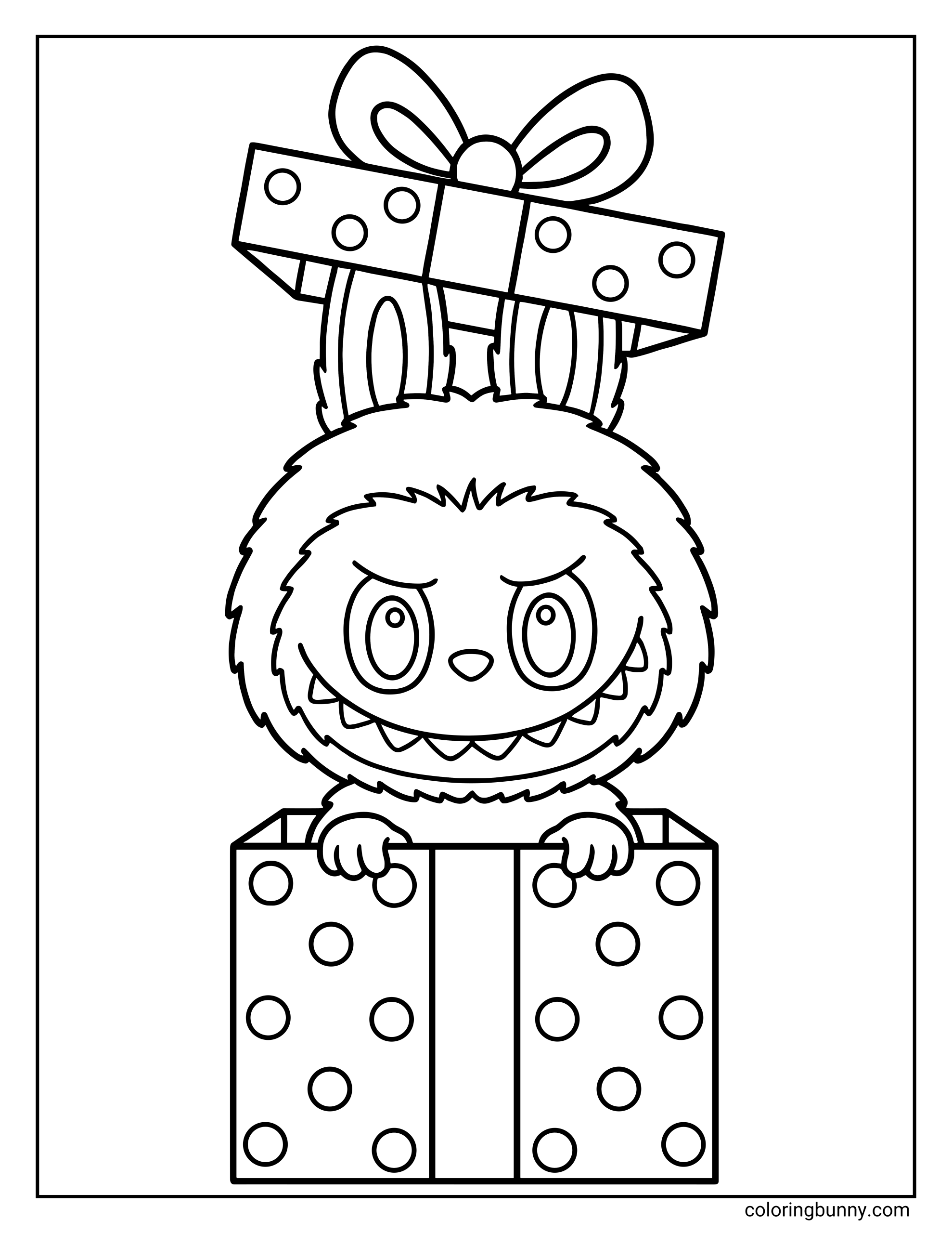 A Labubu Christmas coloring page showing the furry character Labubu wearing a Santa hat and holding a ribbon-wrapped gift, surrounded by a background of candy canes, ornaments, stars, and holly leaves.