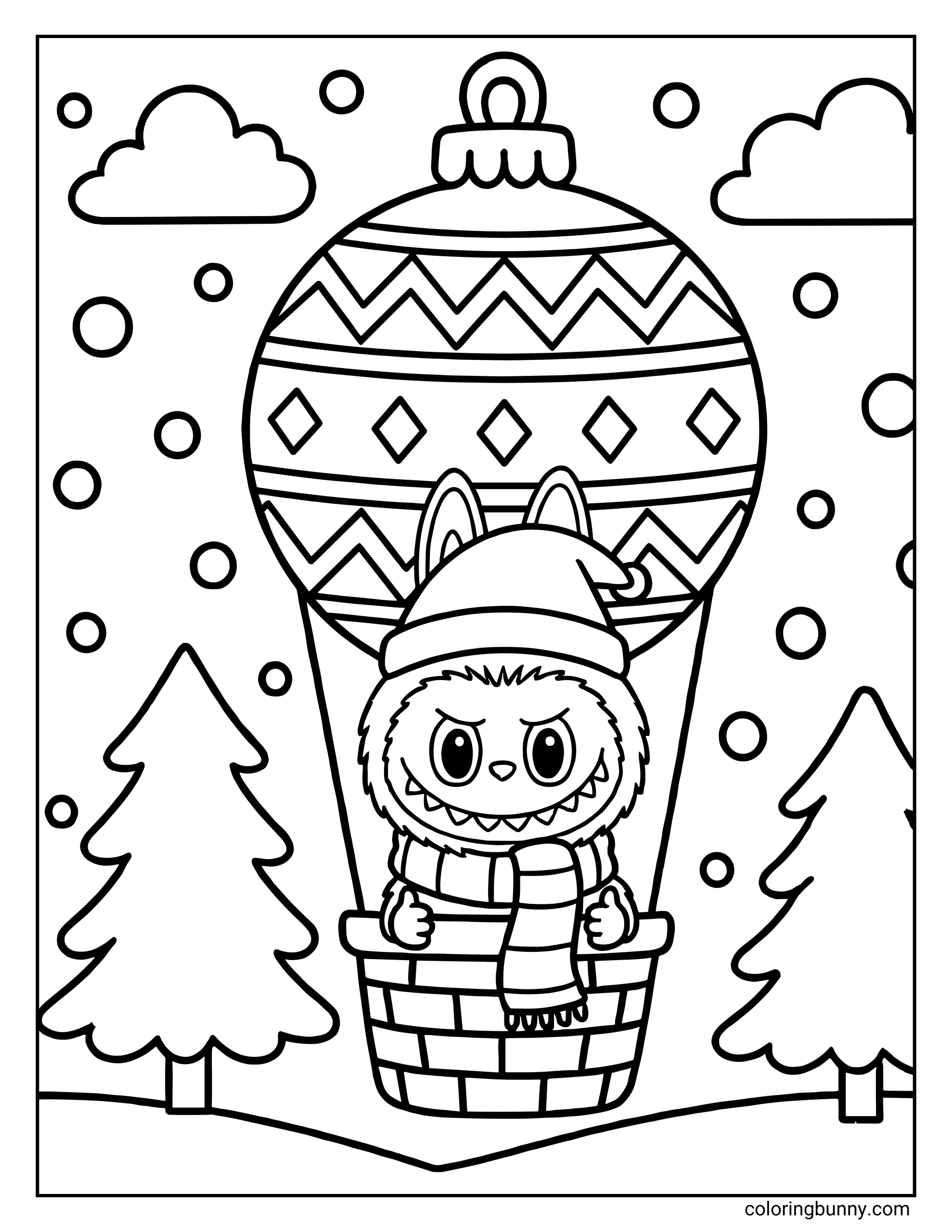 Labubu Christmas coloring page of Labubu wearing a Santa hat and scarf riding in a hot air balloon shaped like a decorated Christmas bauble, flying above pine trees.