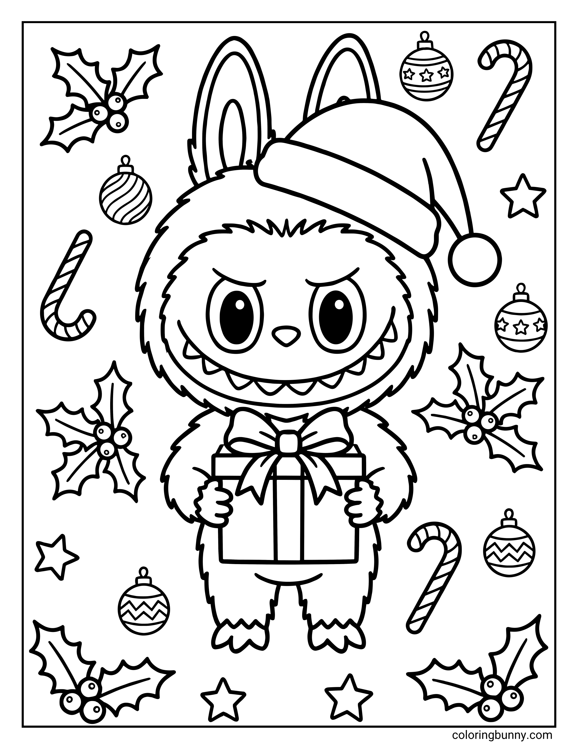Labubu Christmas themed coloring page of Labubu doll wearing a Santa hat and holding a ribbon-wrapped gift, surrounded by candy canes, ornaments, and holly.