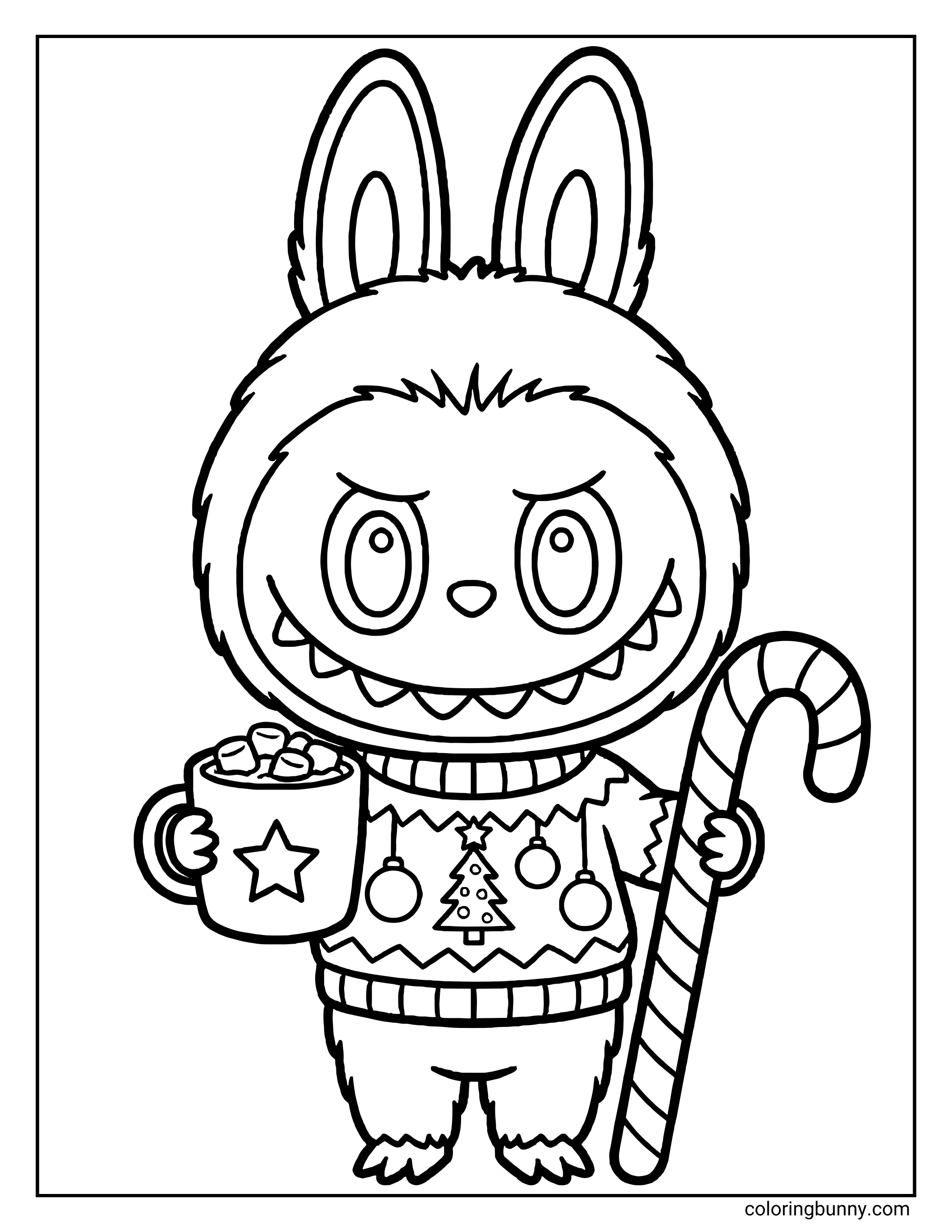 Labubu Christmas coloring page of Labubu wearing a Christmas sweater with tree and ornament patterns, holding a mug with marshmallows and a large striped candy cane.