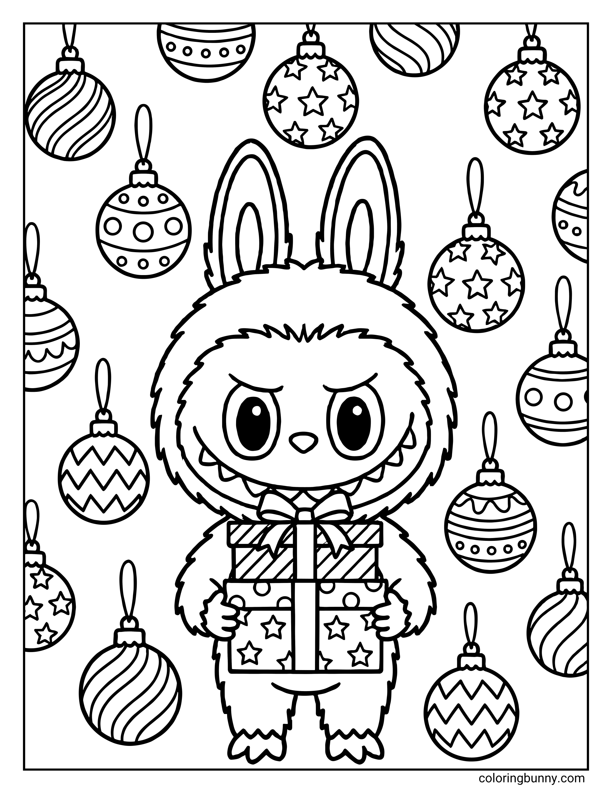 Christmas Labubu coloring page of Labubu holding a stack of presents with hanging ornaments in the background.
