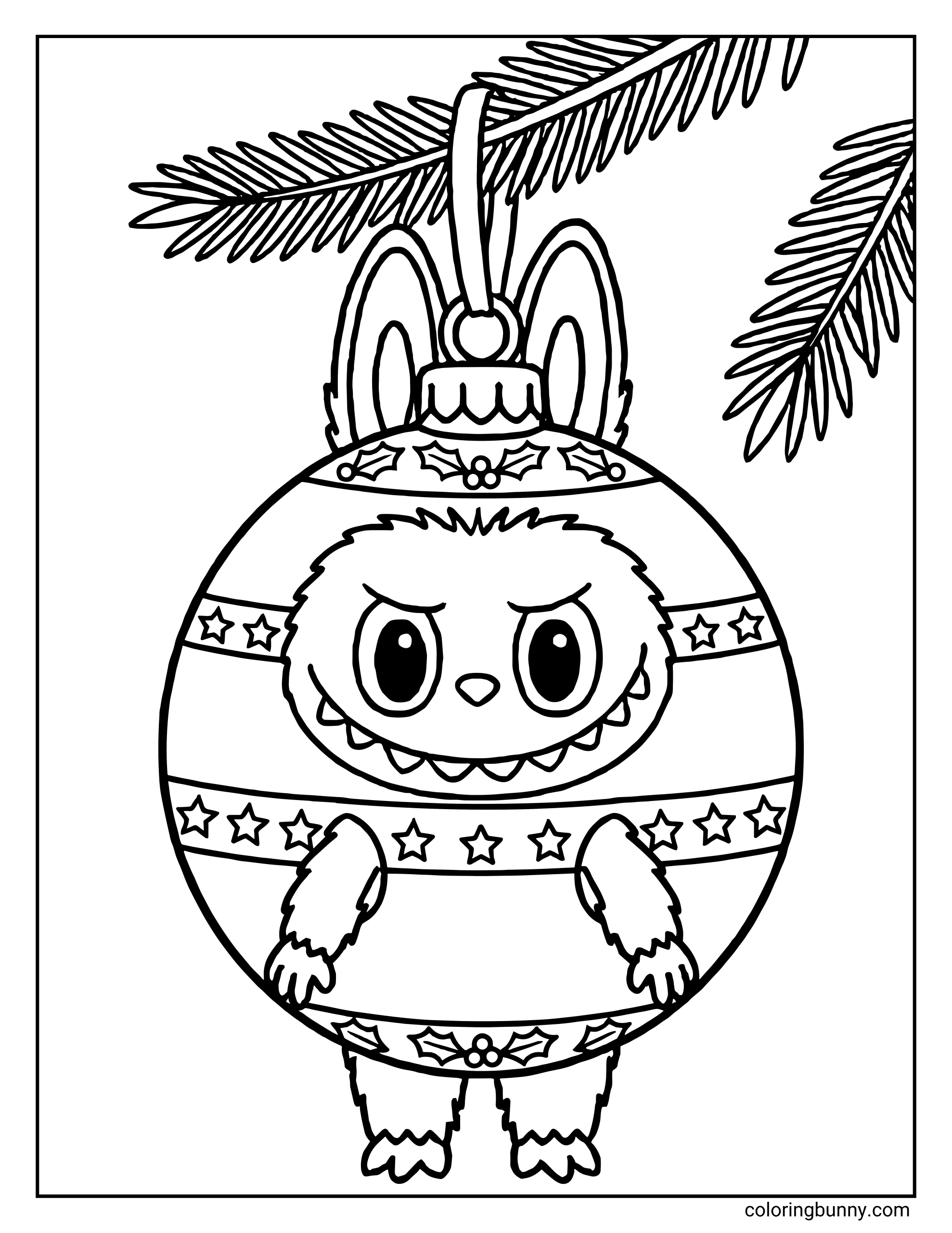 A Labubu Christmas coloring page featuring Labubu shaped like a round Christmas ornament hanging from a pine branch.