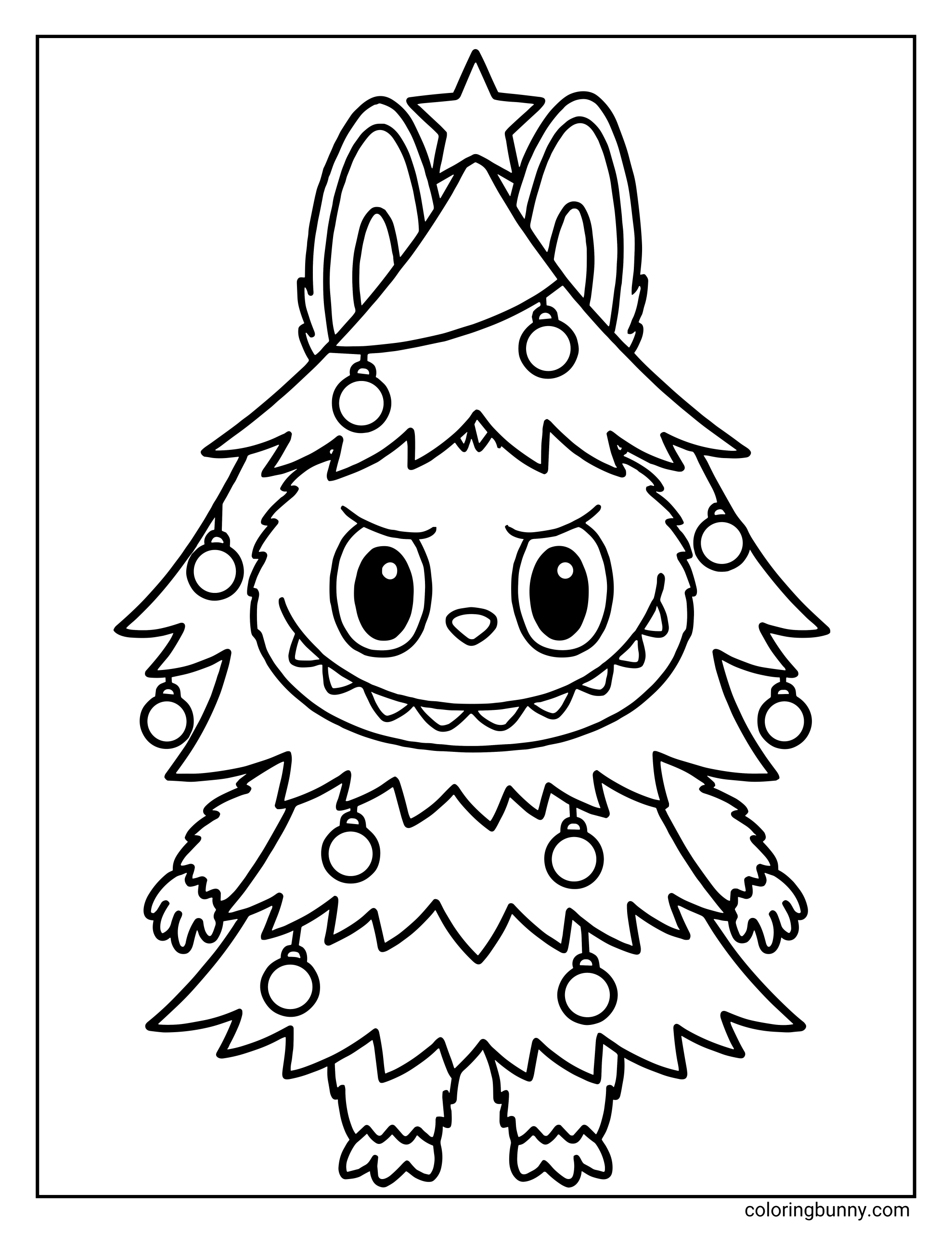 A Labubu Christmas coloring page of Labubu wearing a cone-shaped Christmas tree costume decorated with round ornaments and a star on top.