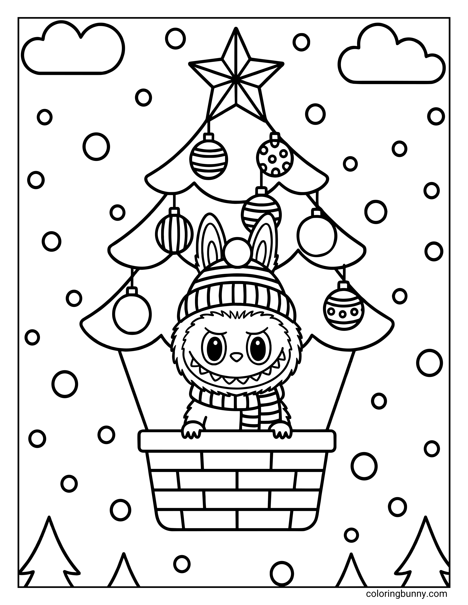 A Christmas Labubu coloring page of the furry monster wearing a beanie while flying in a tree-shaped hot air balloon.