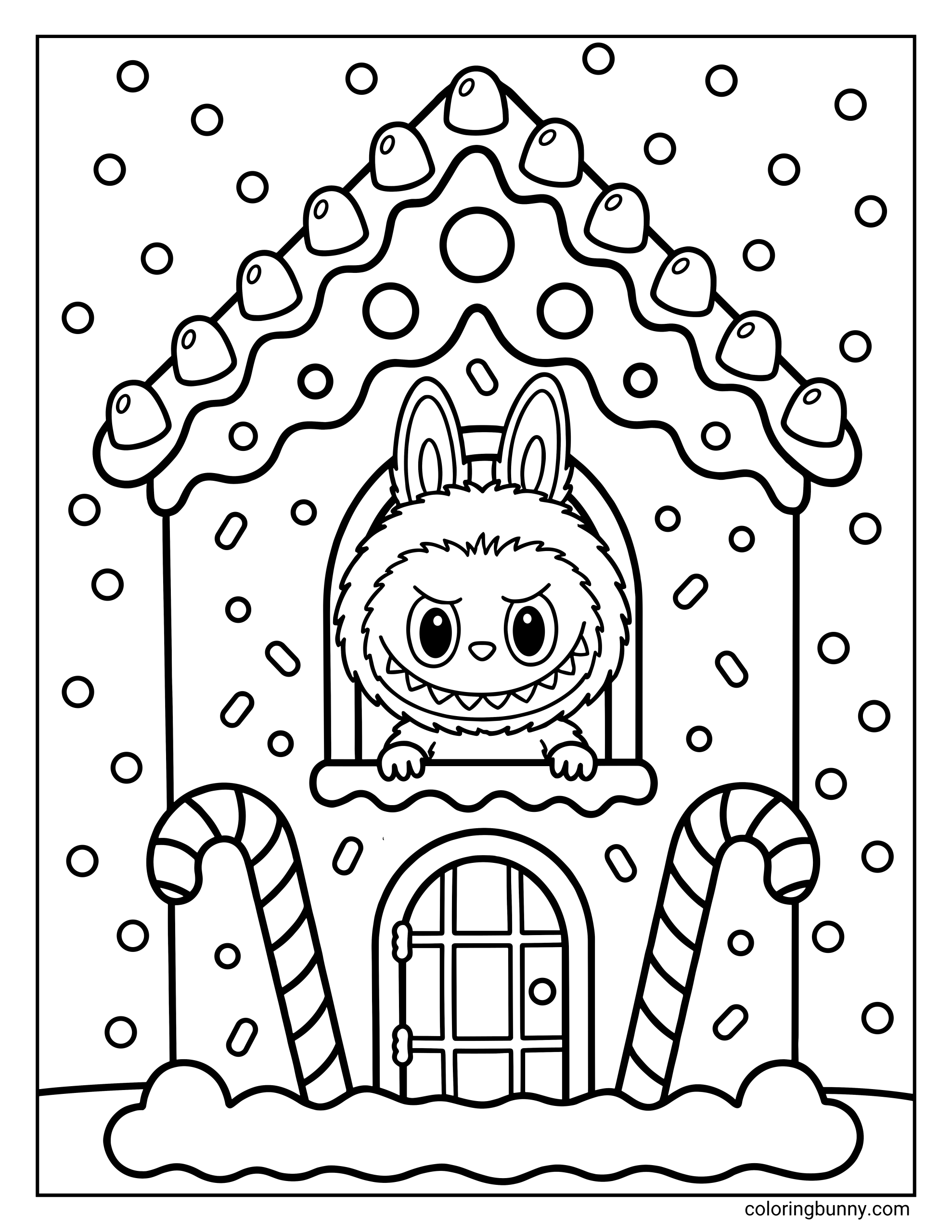 Labubu Christmas Coloring page showing Labubu peeking out the window of a gingerbread house decorated with gumdrops on the roof and candy cane pillars, surrounded by falling snow.