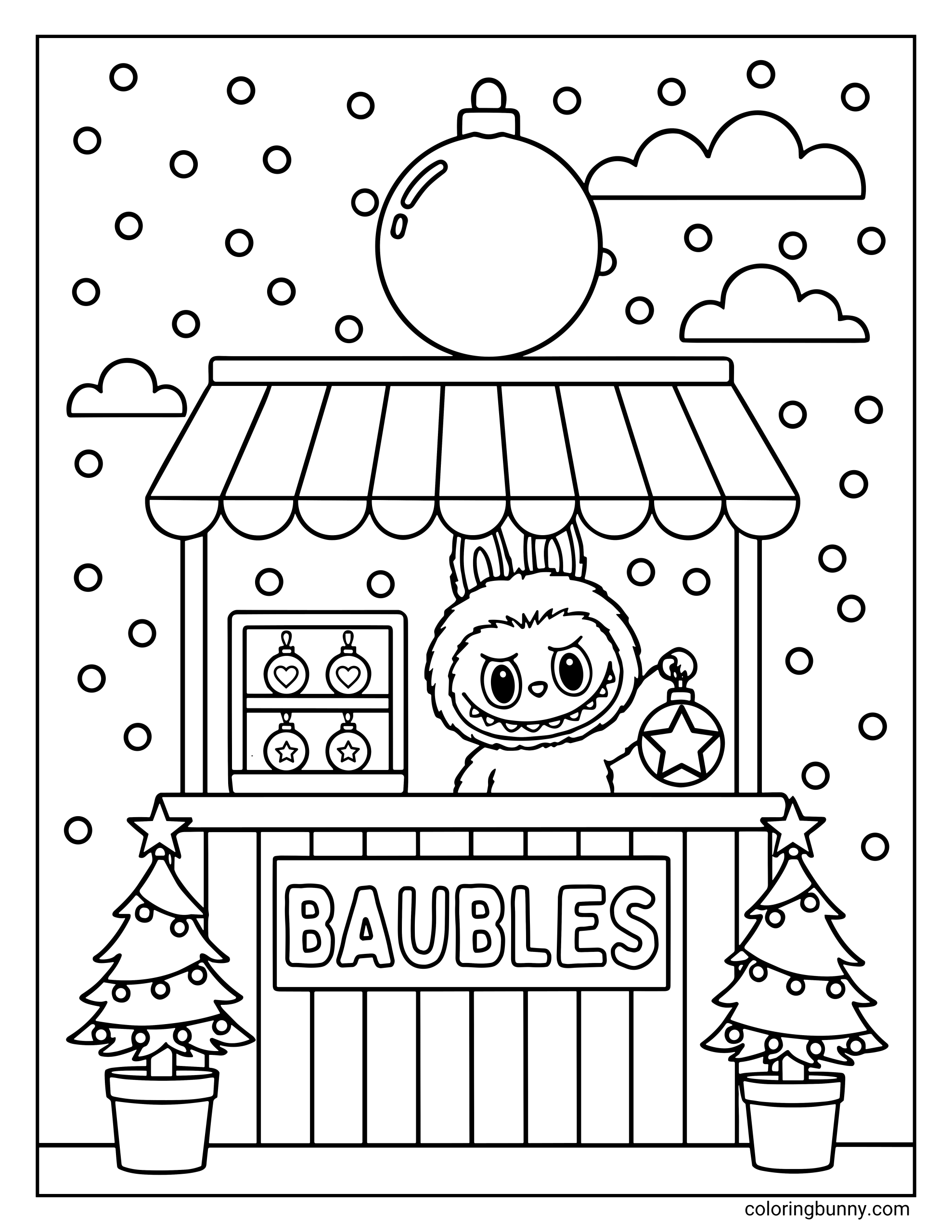 Labubu Christmas coloring page showing a Labubu character tending a Christmas market stall labeled "BAUBLES," holding a star ornament, with potted Christmas trees on either side.